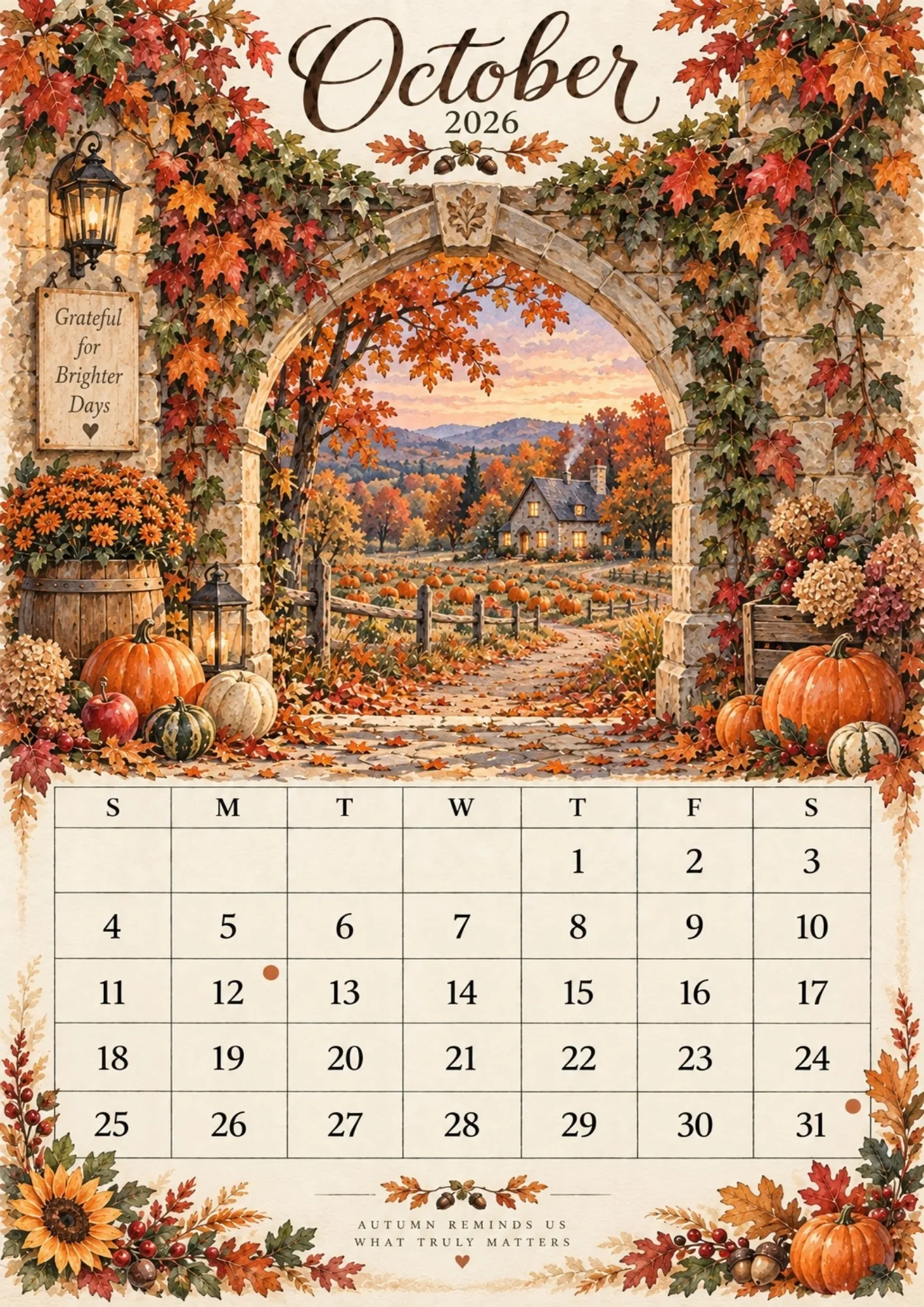 October 2026 printable calendar page with vibrant autumn leaves, pumpkins, and a cozy stone cottage.