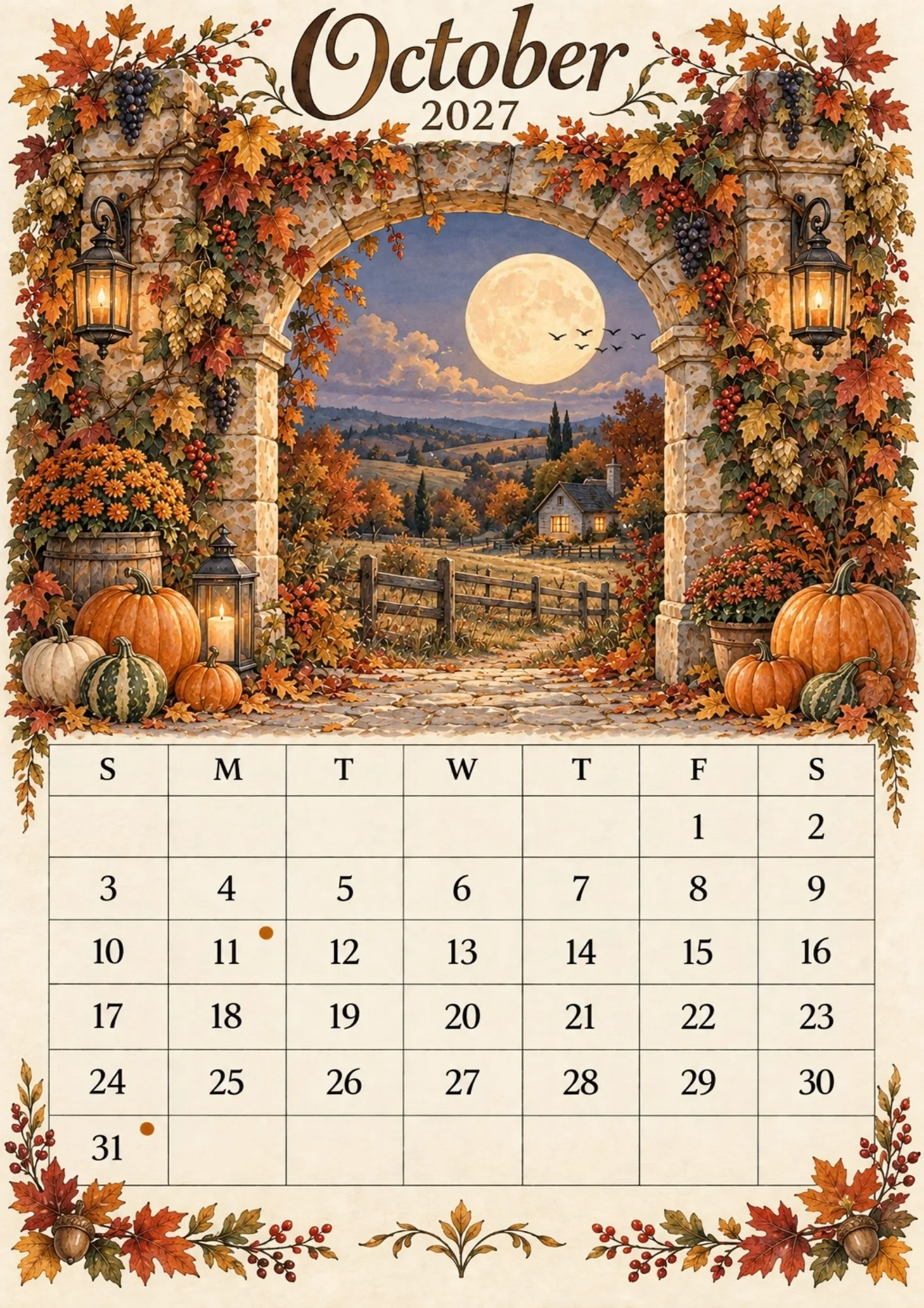 October 2027 monthly planner page showcasing a harvest full moon framed by a pumpkin-adorned stone arch.