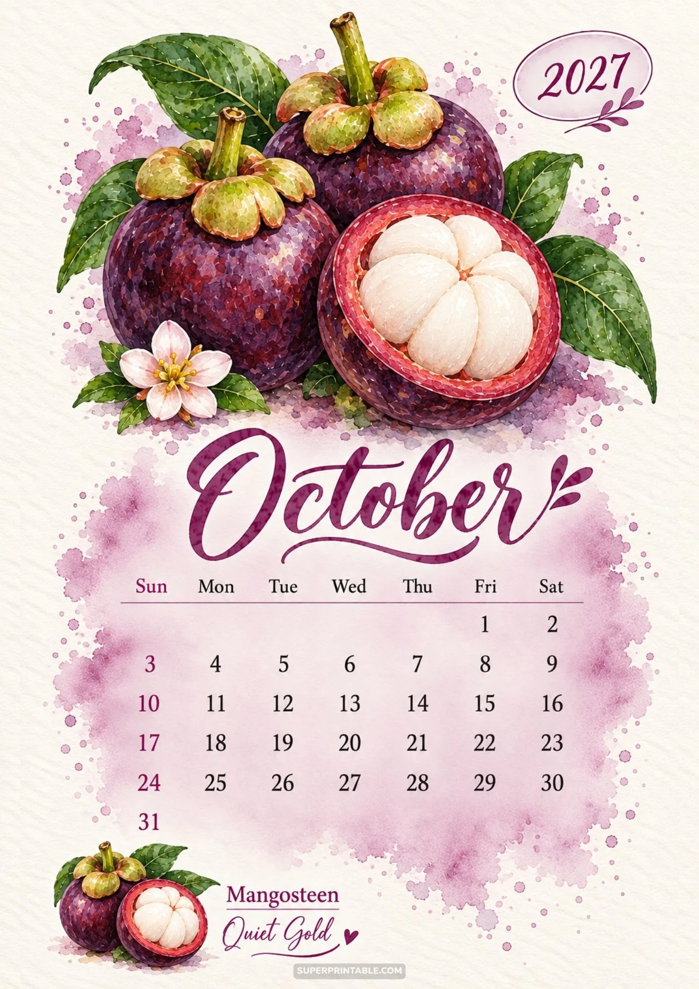 October monthly calendar layout depicting watercolor purple mangosteen fruits and white pulp.