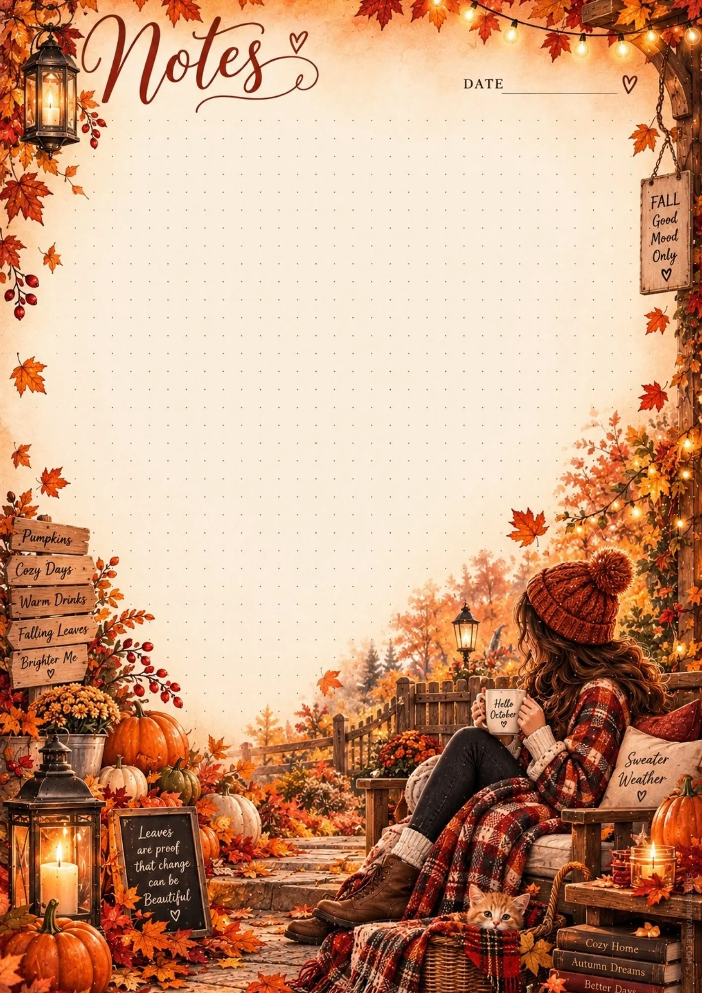 Outdoor fall porch note template with cozy bench, string lights, and autumn decor.