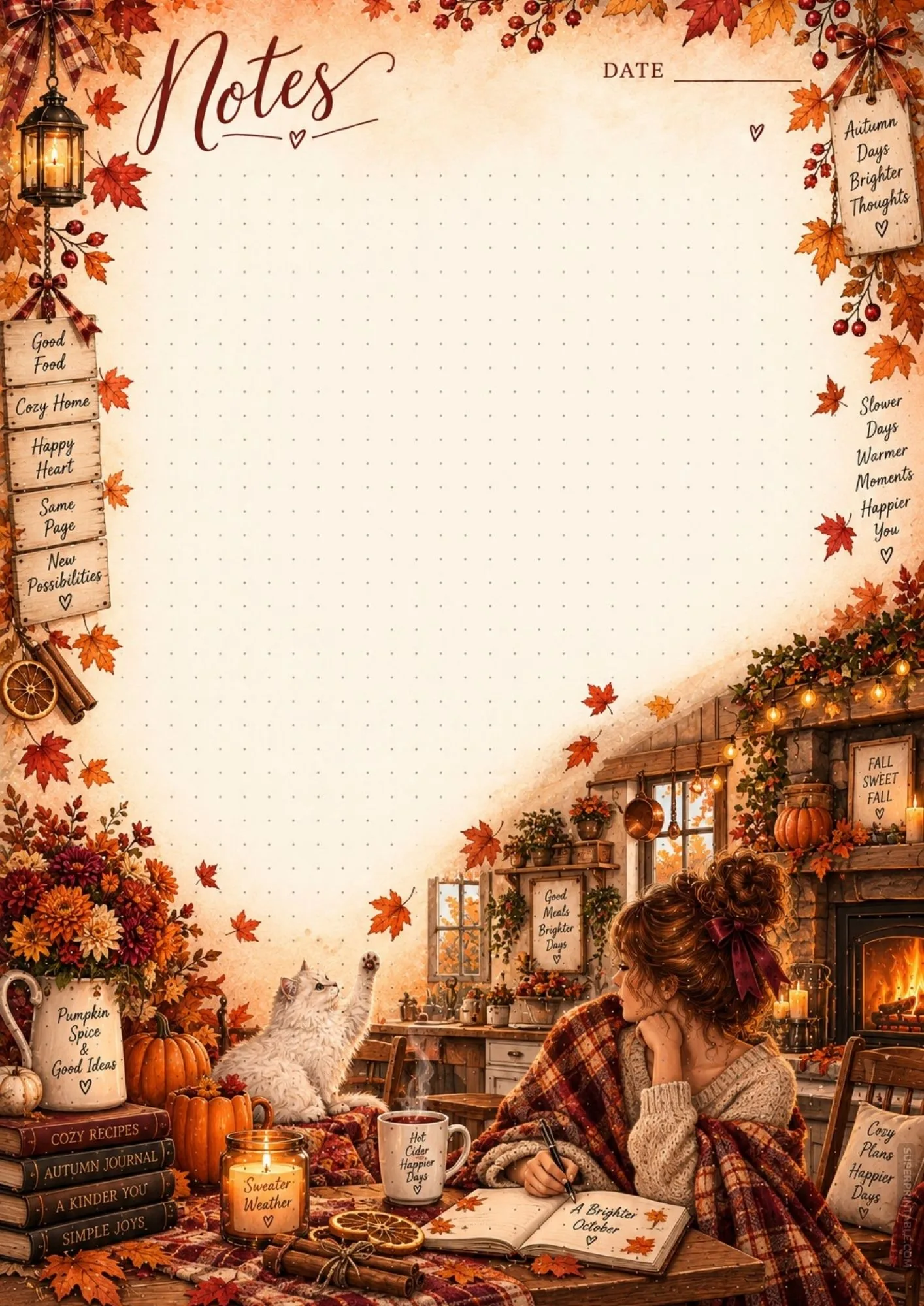 Warm fall kitchen note sheet showing a woman writing in a journal with a white cat.