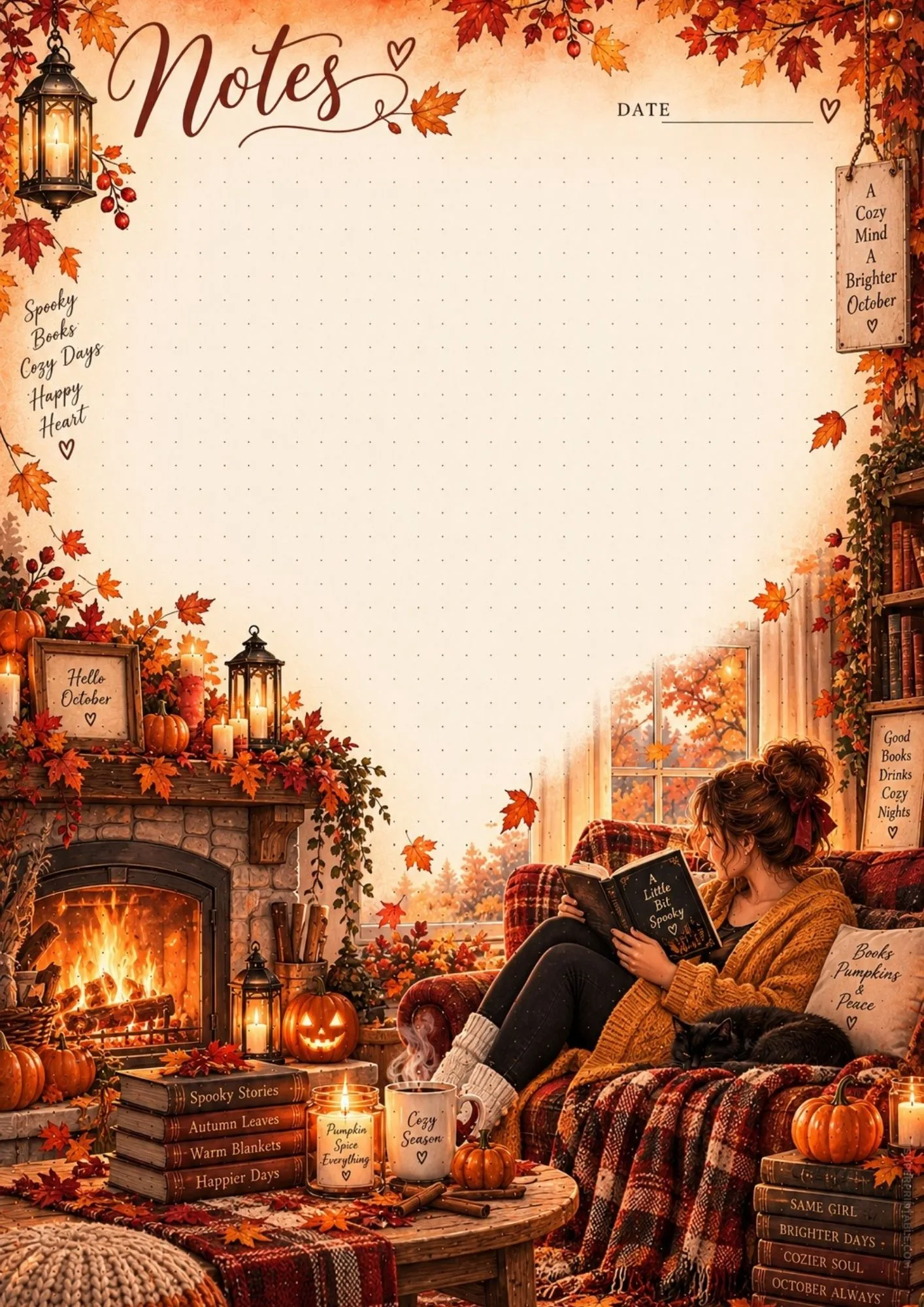 Spooky autumn reading nook note template with fireplace, books, and sleeping cat.