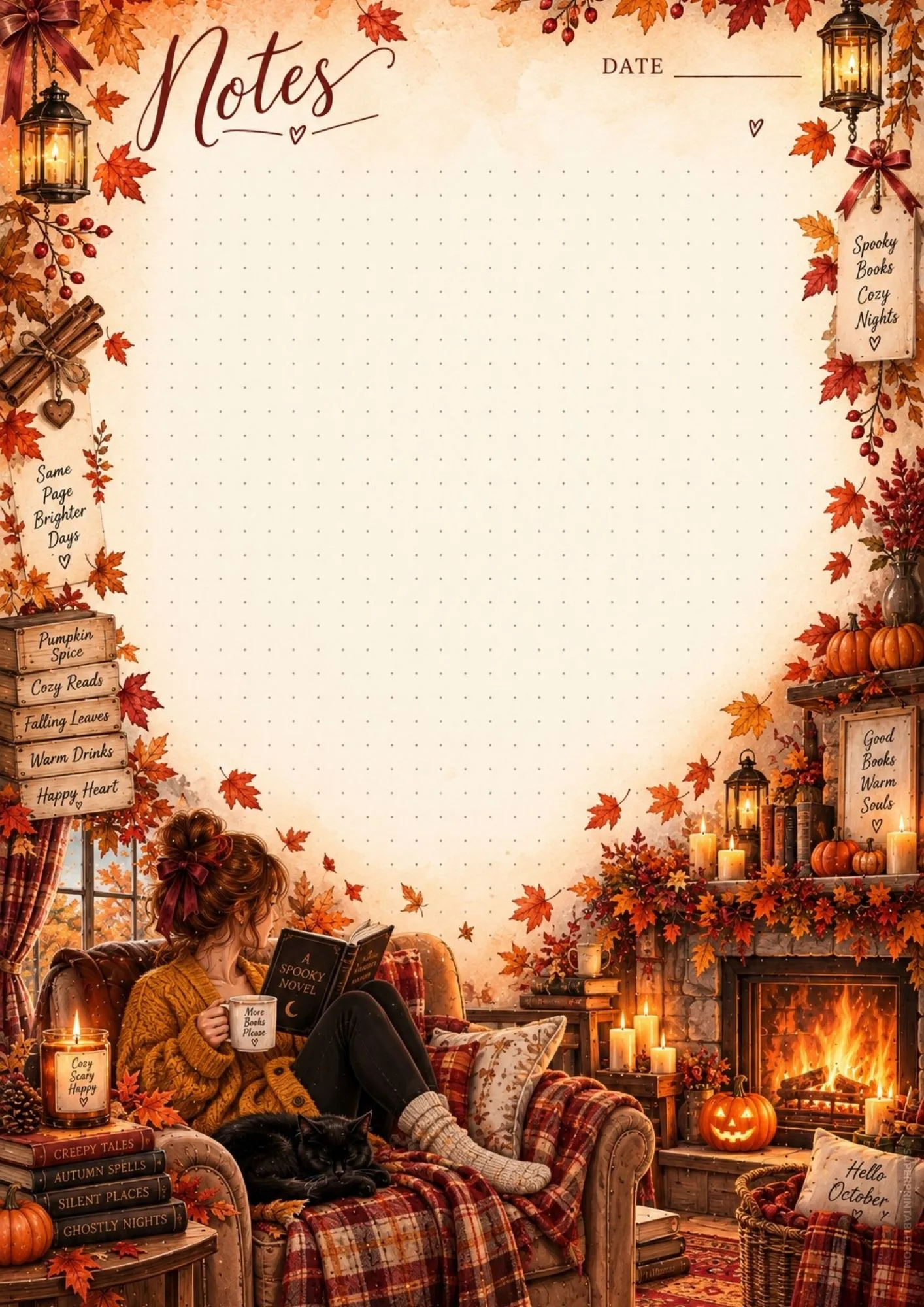 October notes printable template featuring a cozy fireplace reading nook with cat.