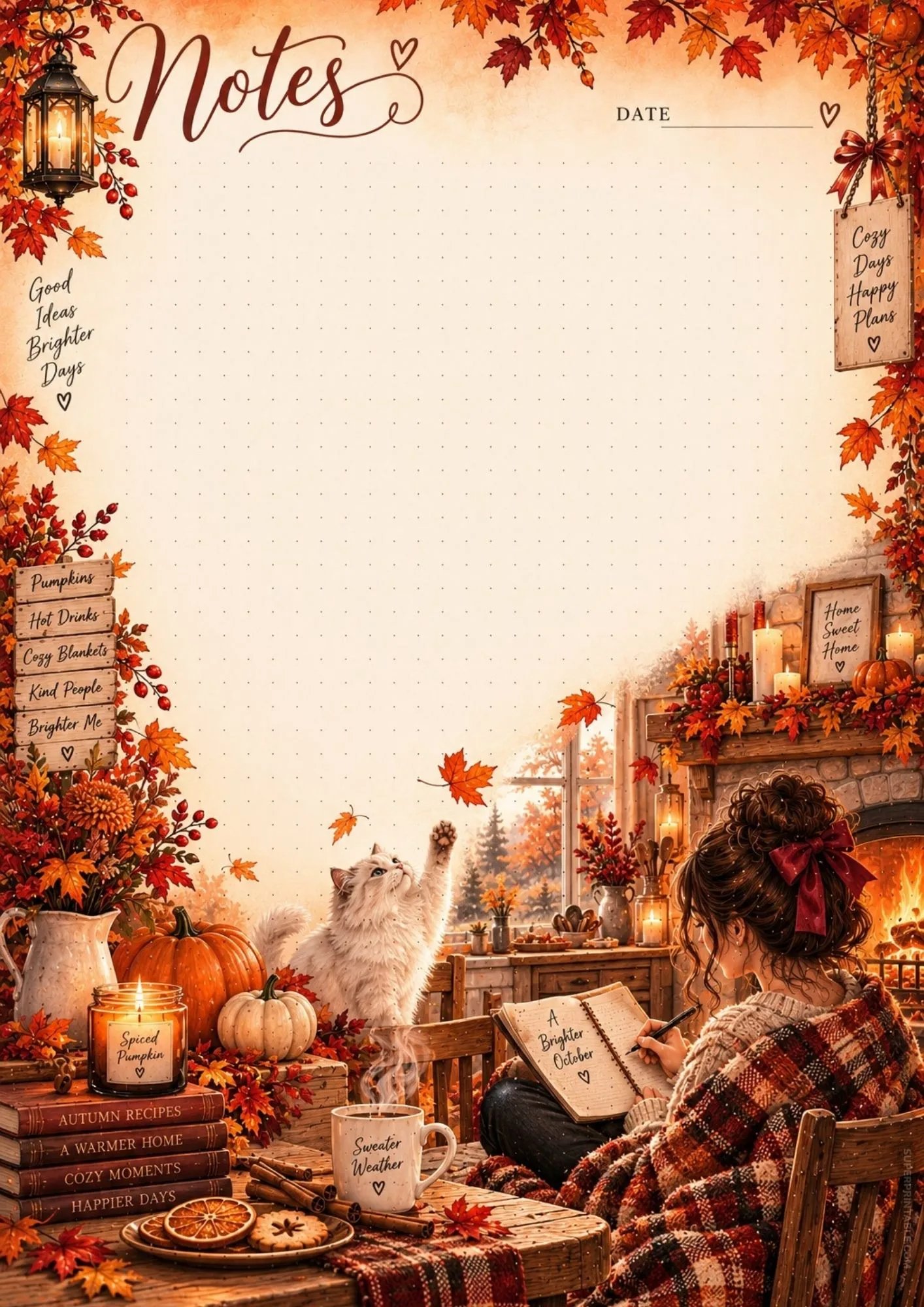 Cozy autumn writing desk note page with white cat, hot drinks, and glowing hearth.