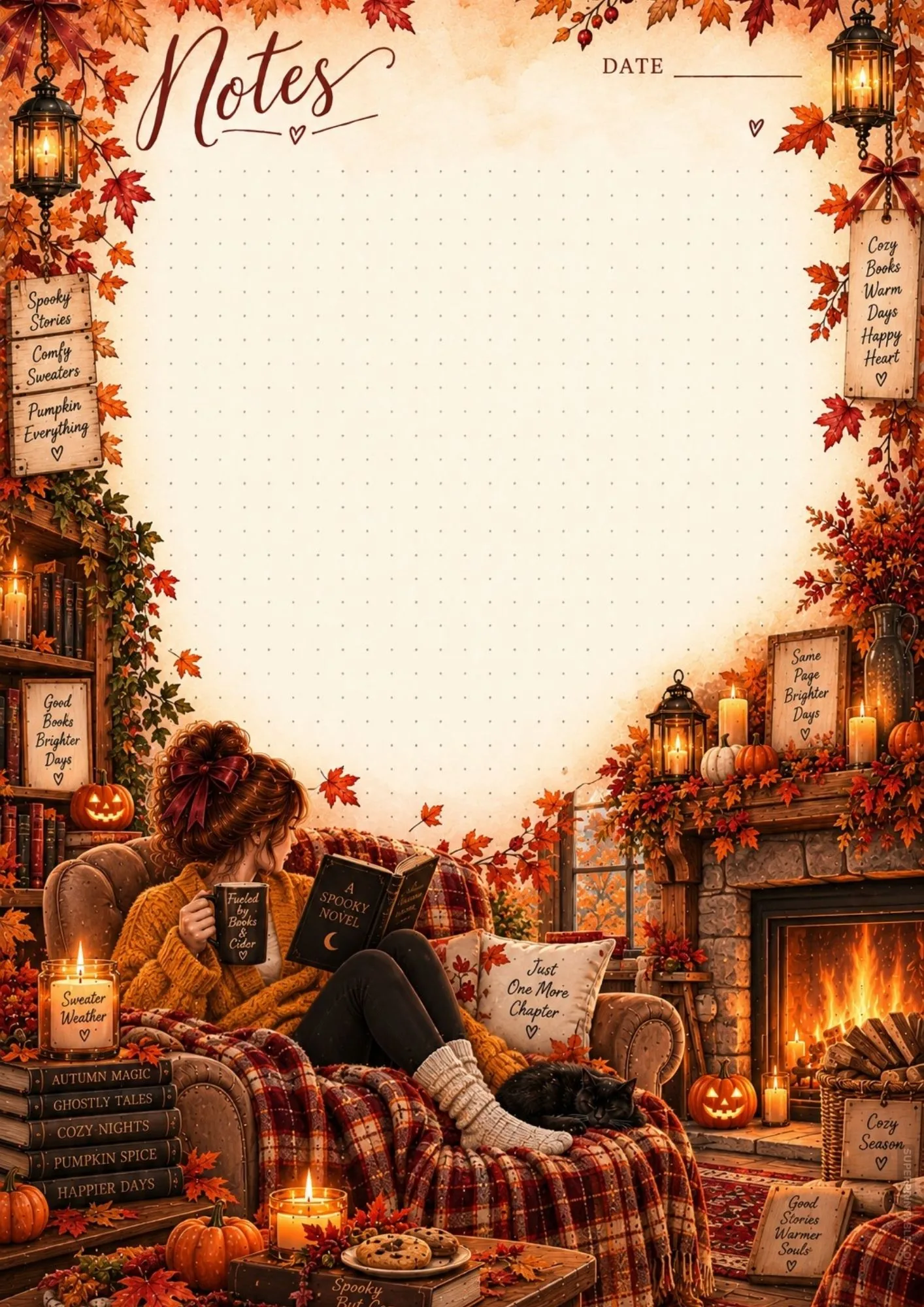 Warm fireplace note paper with cozy chair, spooky novel, cat, and autumn leaves.