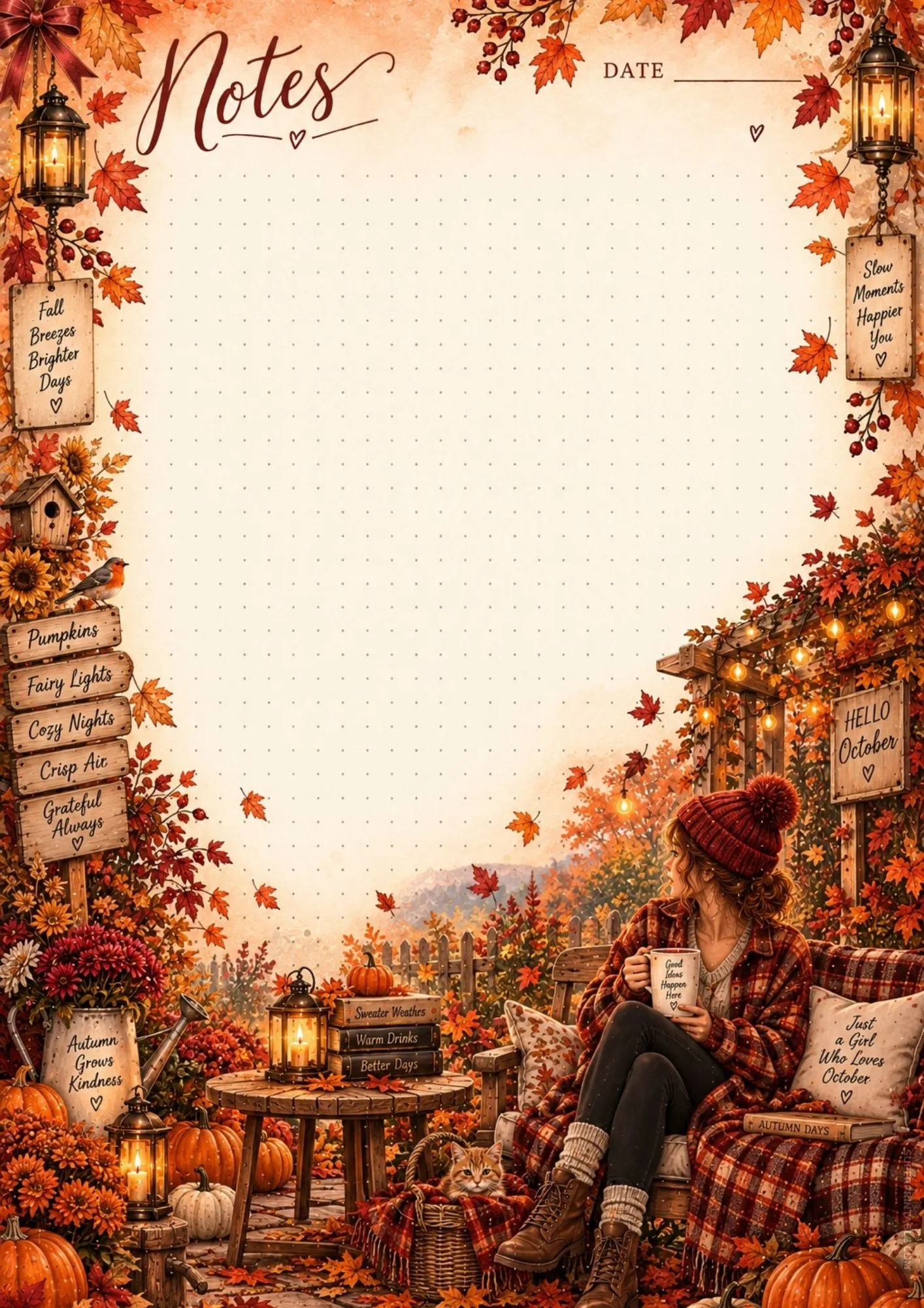 Autumn garden patio note page featuring a cozy outdoor seating area with fall leaves.