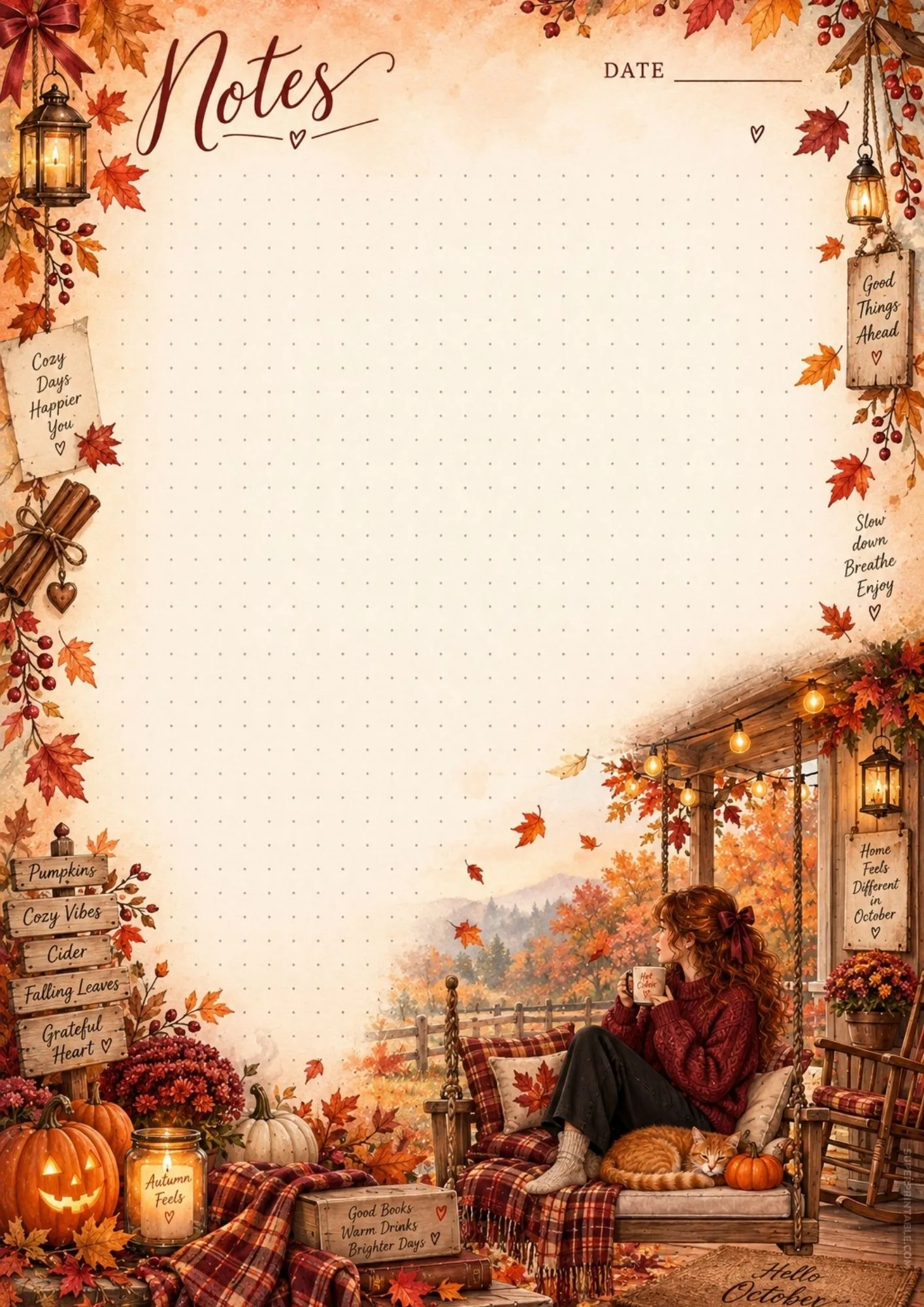 Cozy autumn porch swing note page with falling leaves, warm tea mug, and cat.