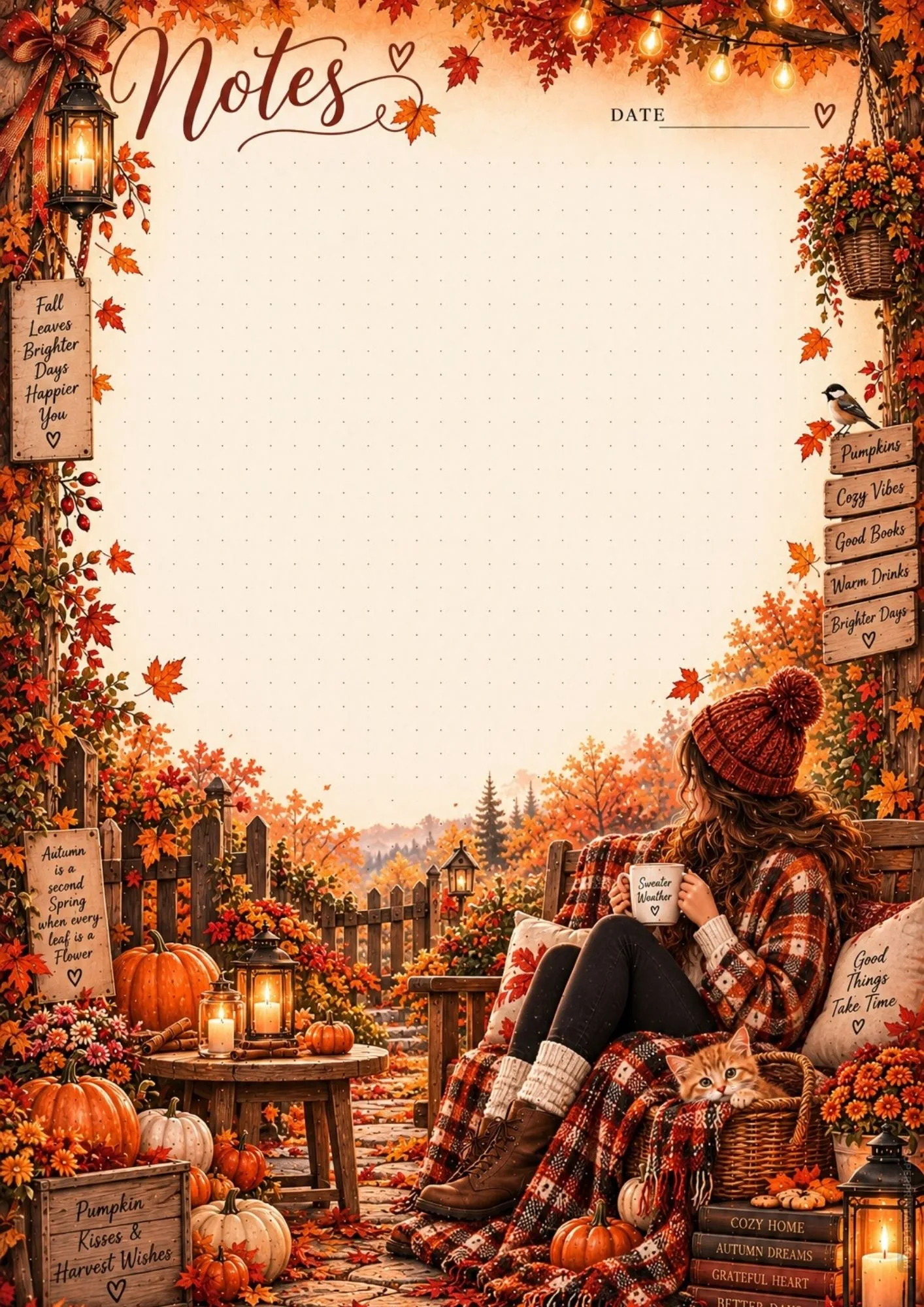 Rustic autumn patio note paper with cozy seating, kitten in a basket, and pumpkins.