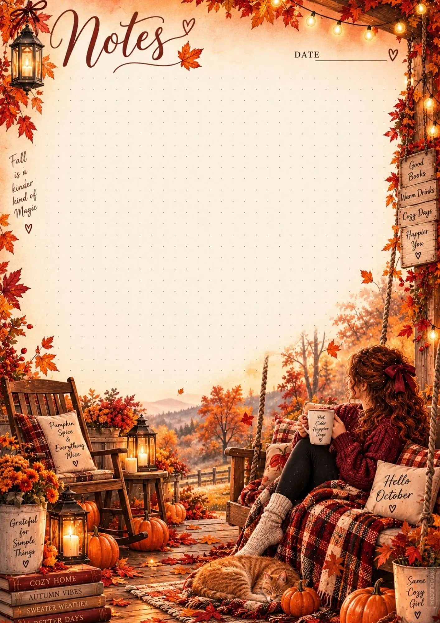 Autumn veranda note sheet with scenic mountain backdrop, porch swing, and pumpkins.