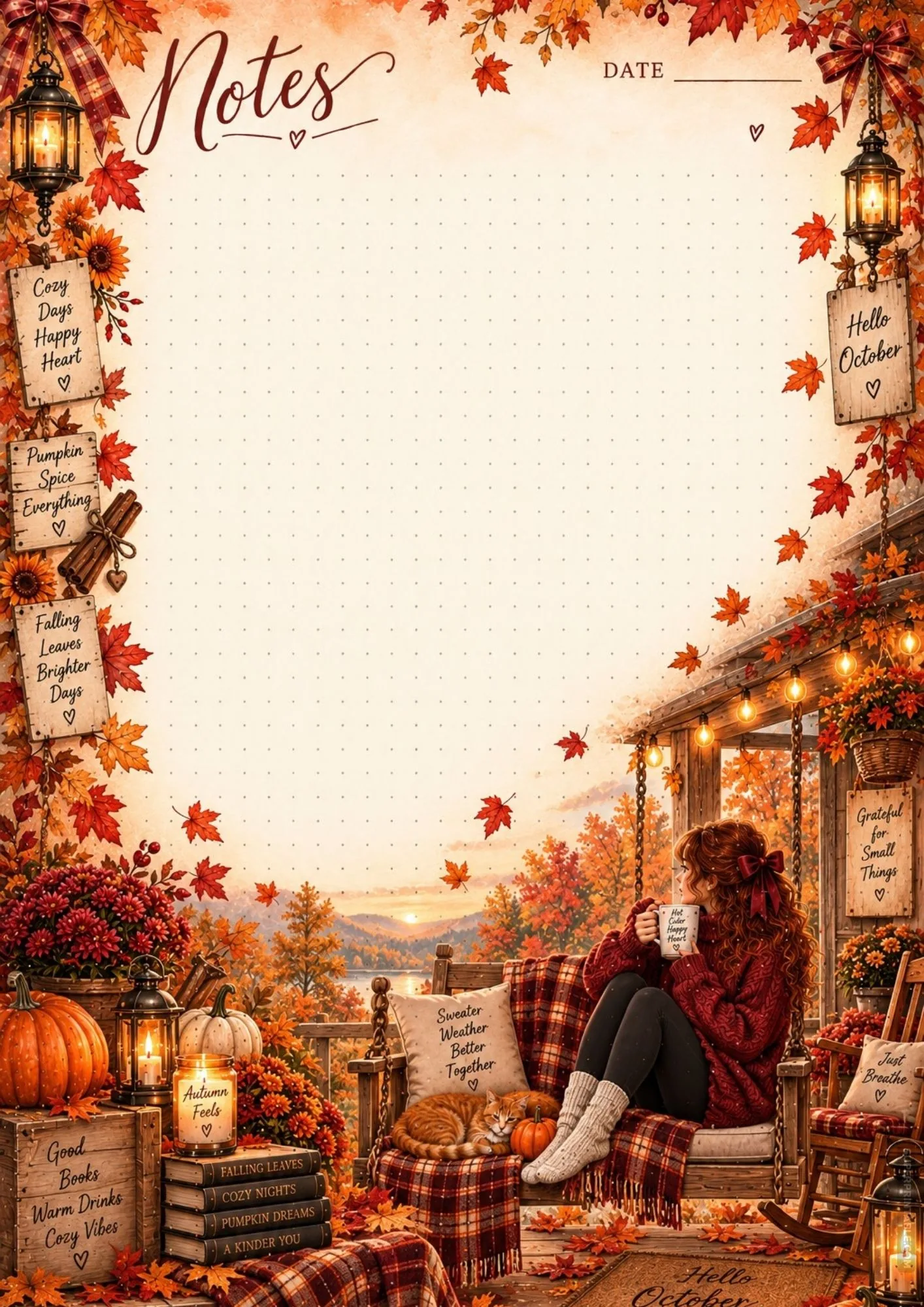 October notes printable sheet displaying a sunset porch view with red autumn trees.