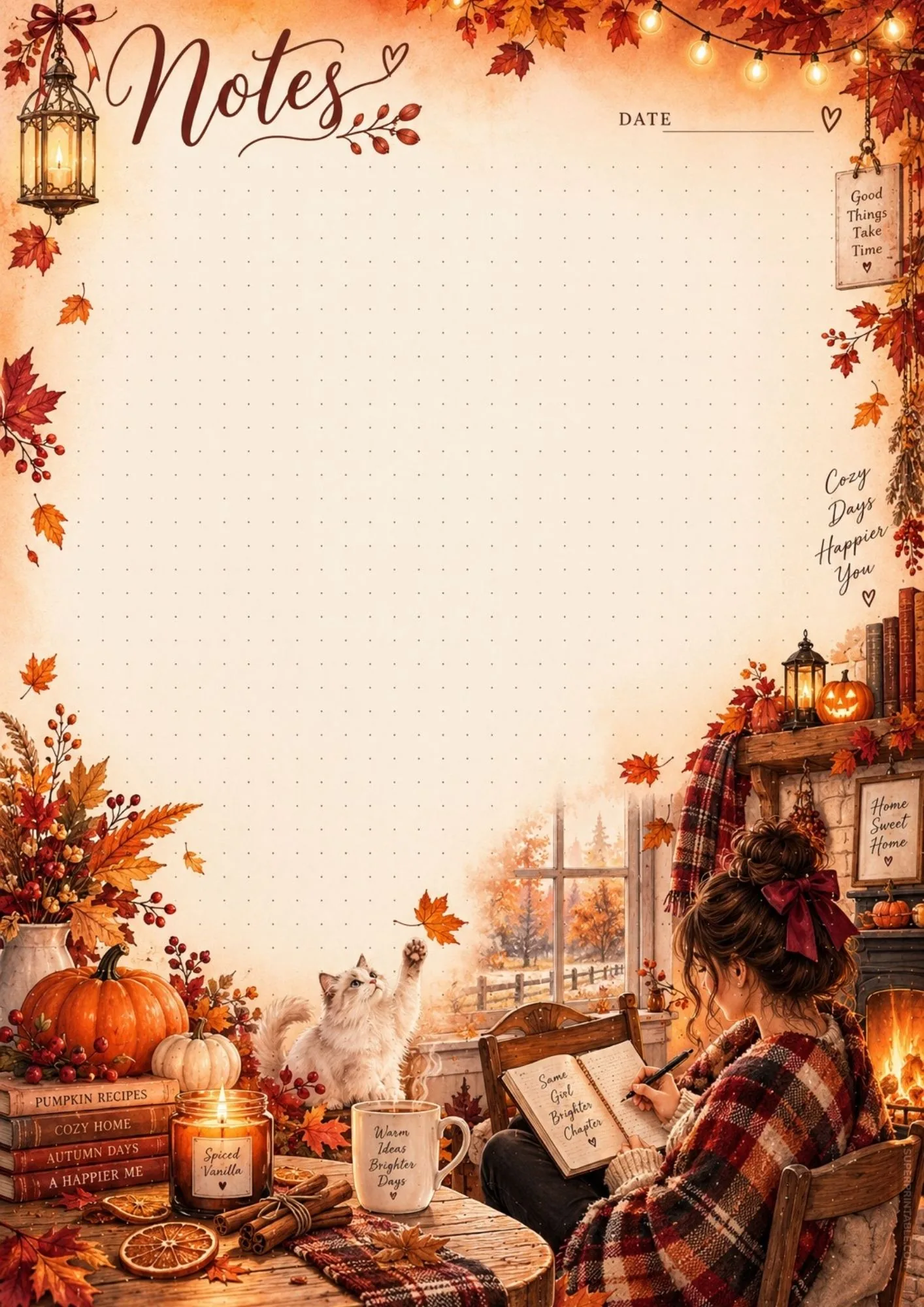 Autumn window desk note sheet showing a woman writing with a cat reaching for leaves.