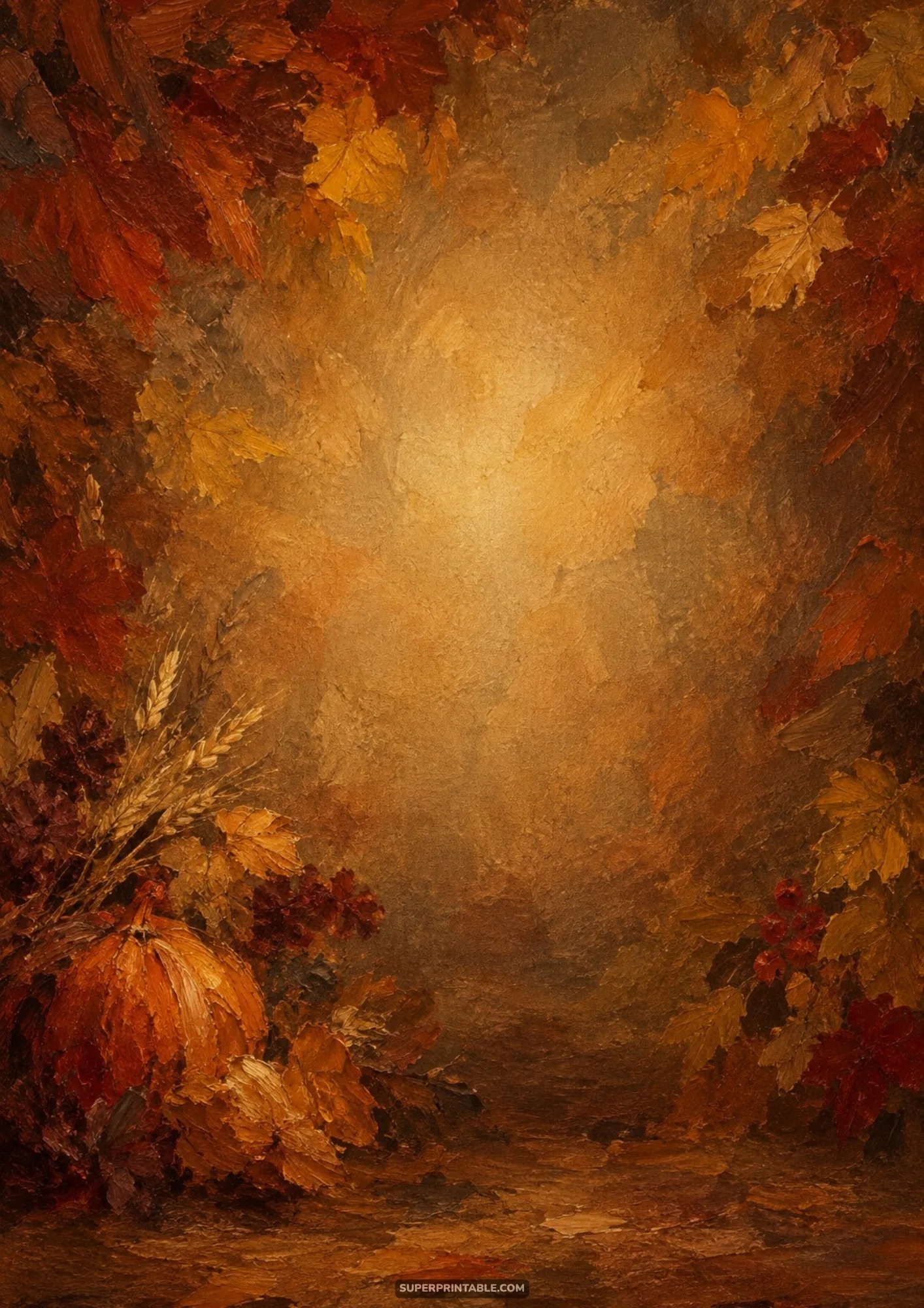 Textured oil painting backdrop with impasto brushwork, warm golden light, and an autumn pumpkin