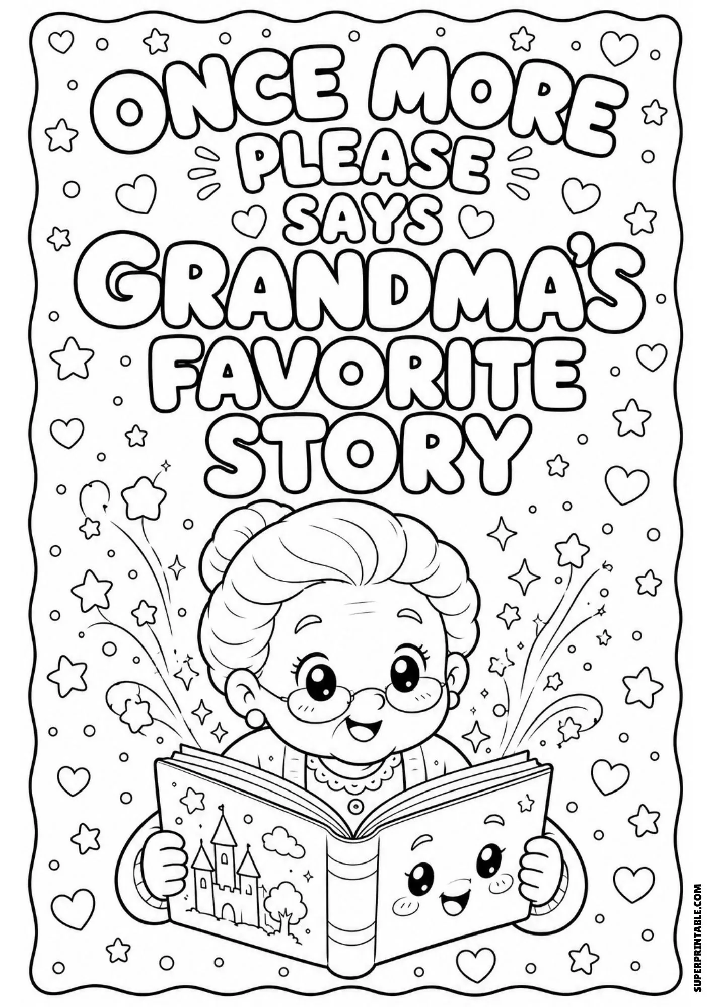 Line art of a grandmother holding open a glowing magical storybook filled with stars and sparkles.