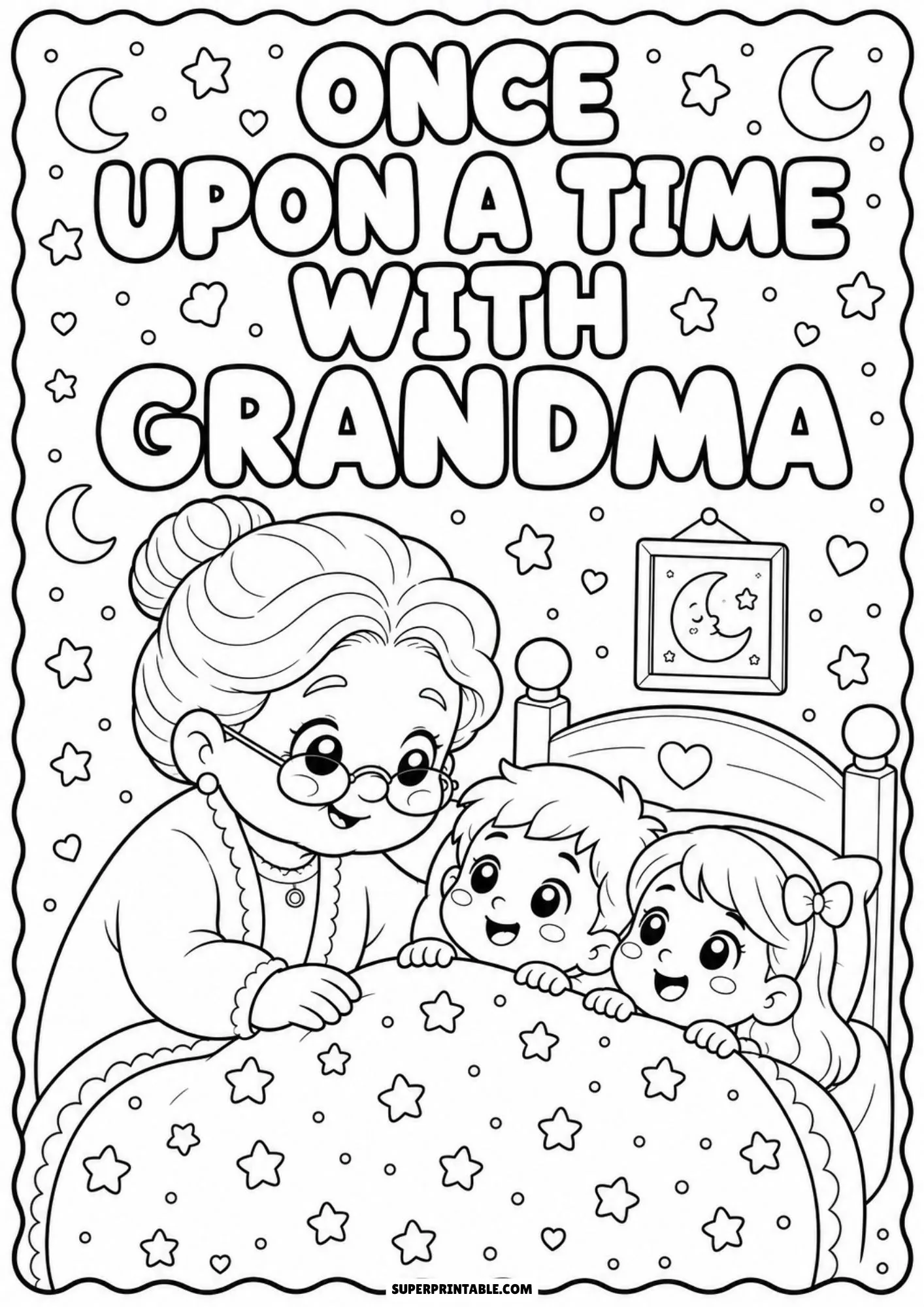 Coloring page of a grandmother tucking two young children into bed under a star-patterned blanket.
