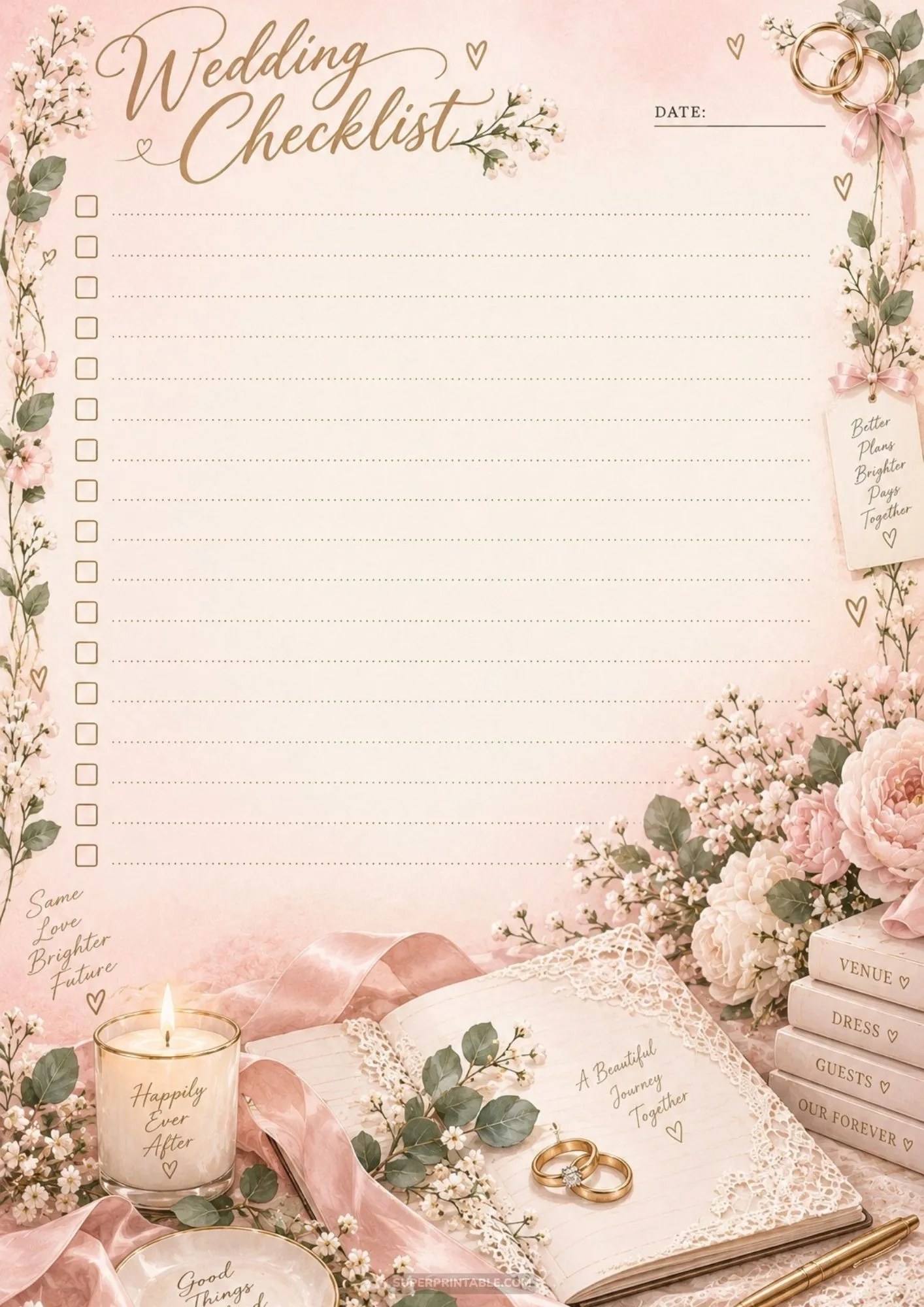 Soft pink wedding checklist sheet with an open journal, golden rings, and lit candle.