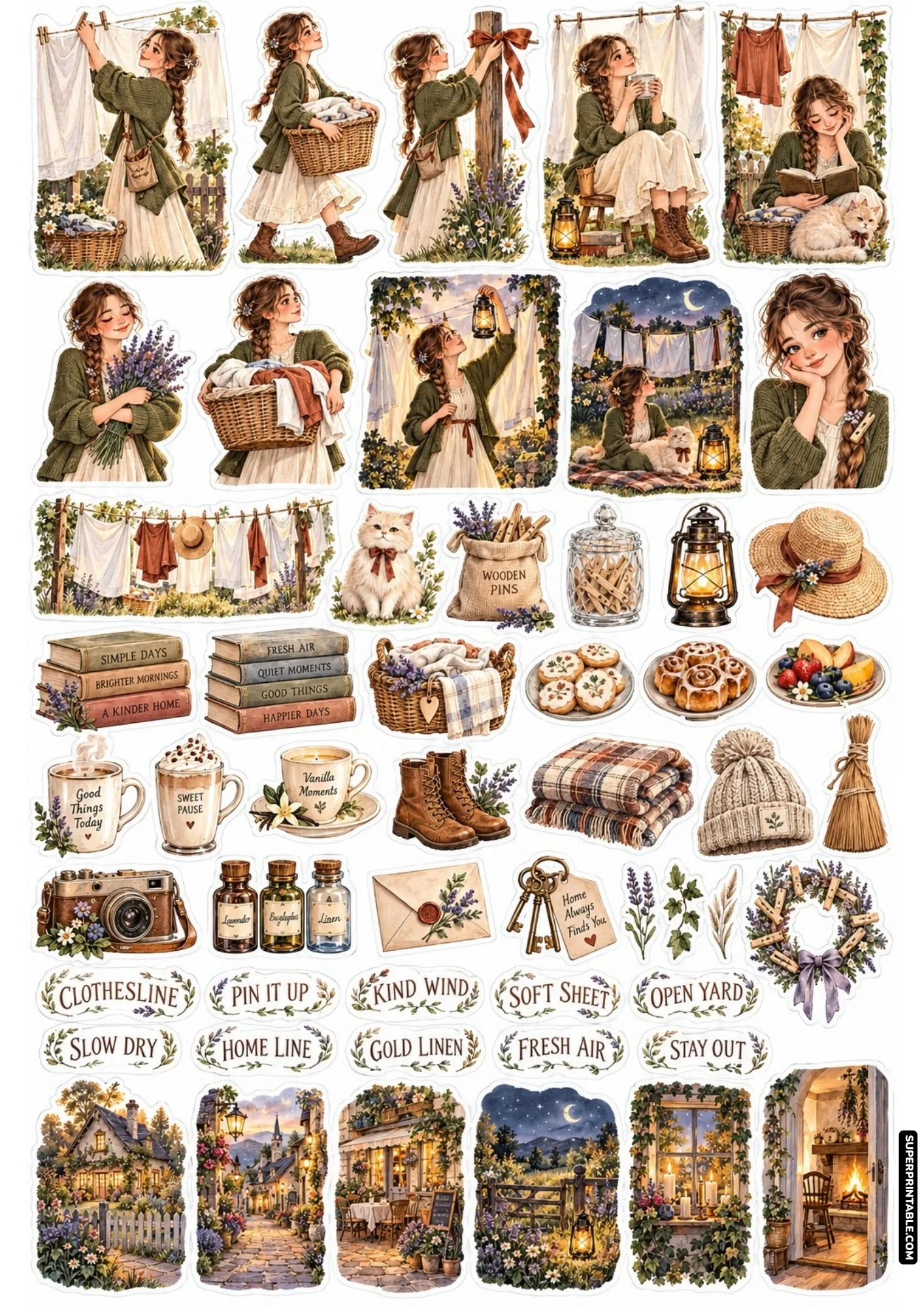 Laundry day sticker sheets showing outdoor clotheslines, sunlit garden laundry, wooden clothespins, and sleepy white cats.