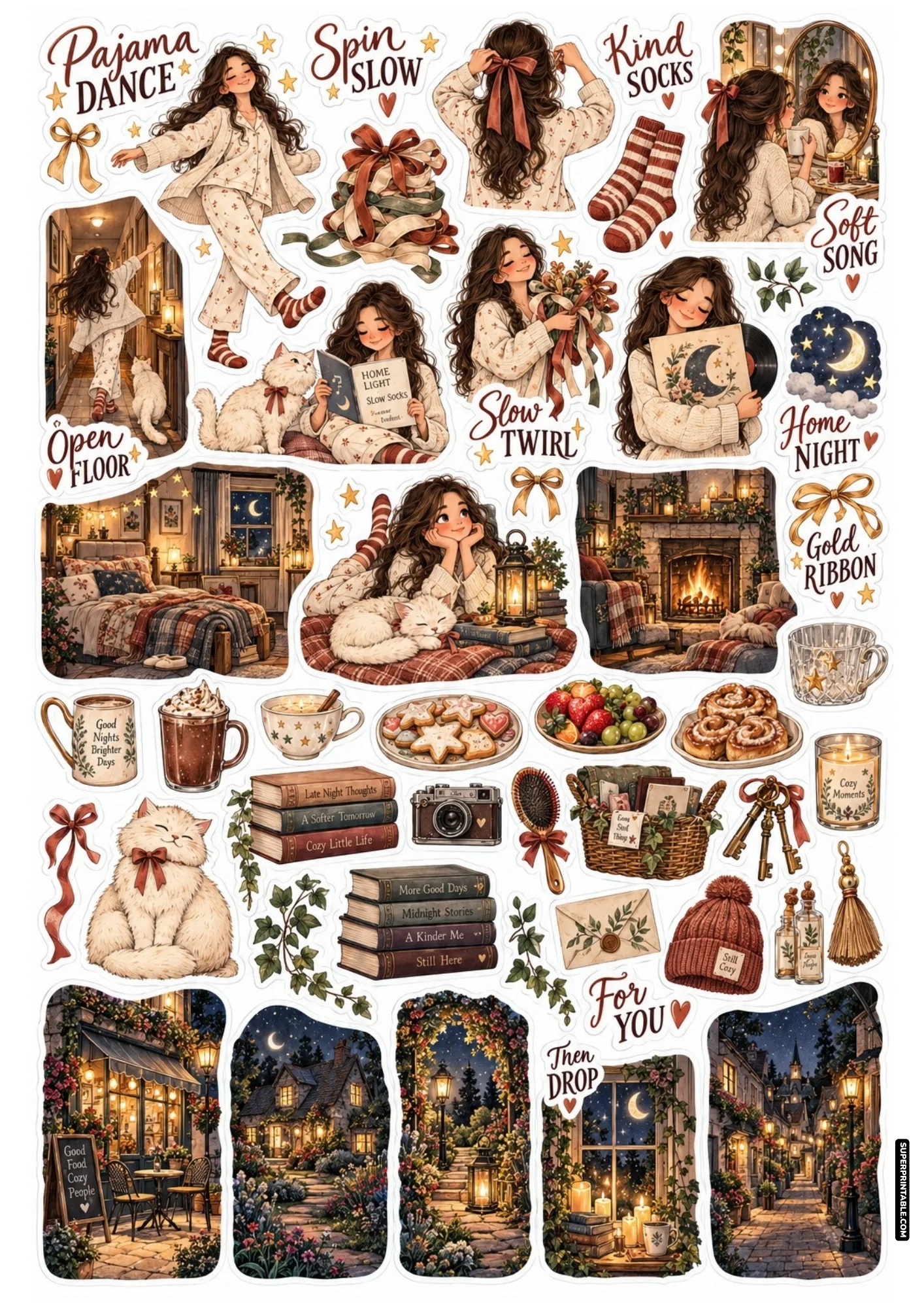 Dancing in pajamas, vinyl records, and fireside room stickers for evening journals.