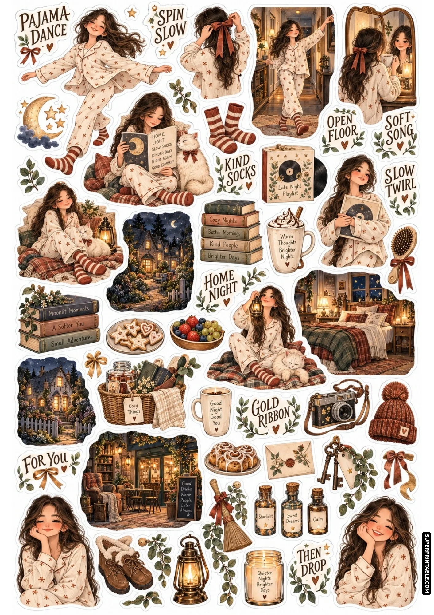 Playful pajama dance stickers with record players, striped socks, braided hairstyles, and bedroom cozy decor