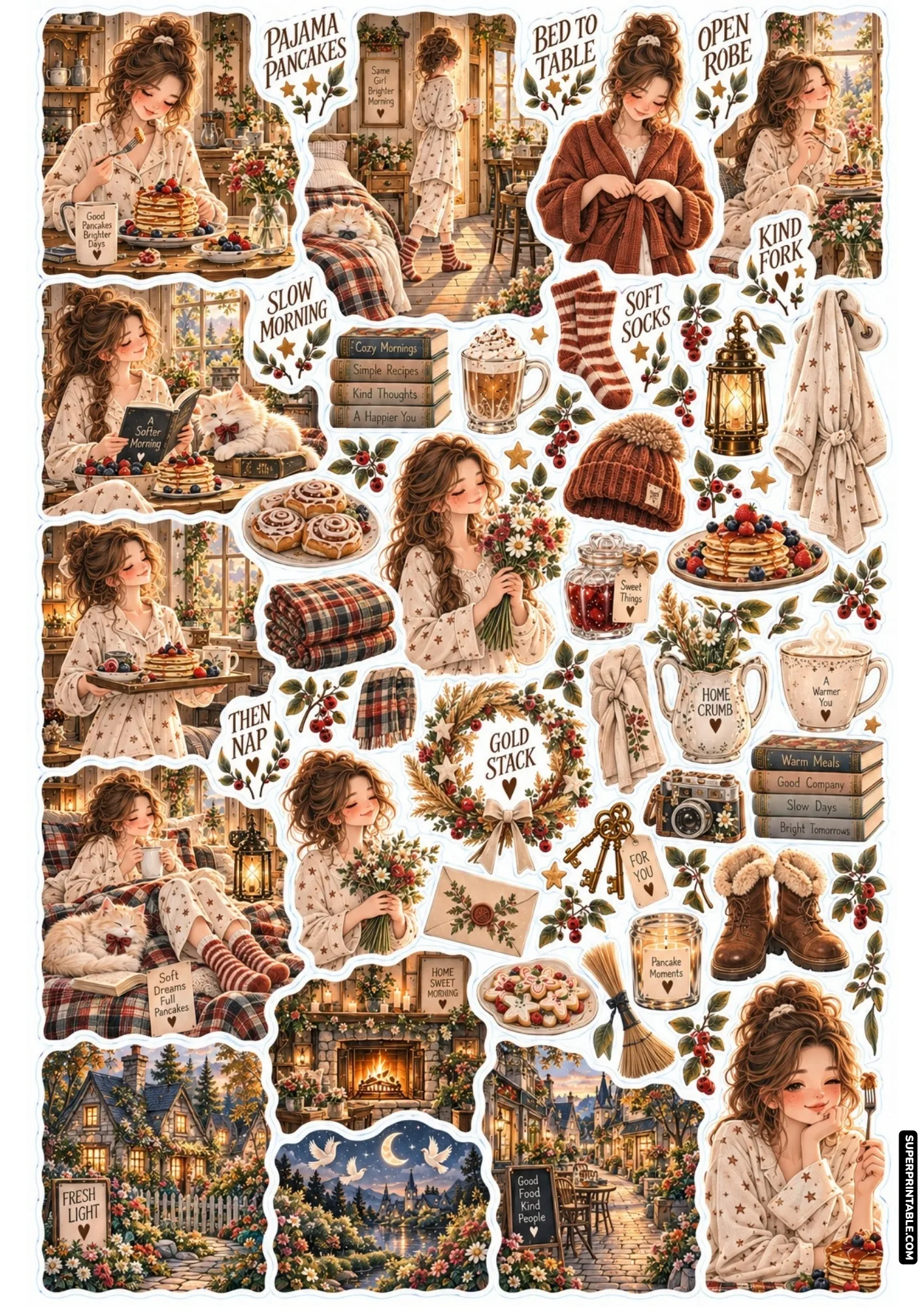Cozy pajama morning sticker sheets with warm cocoa mugs, fuzzy socks, and fresh pancake stacks