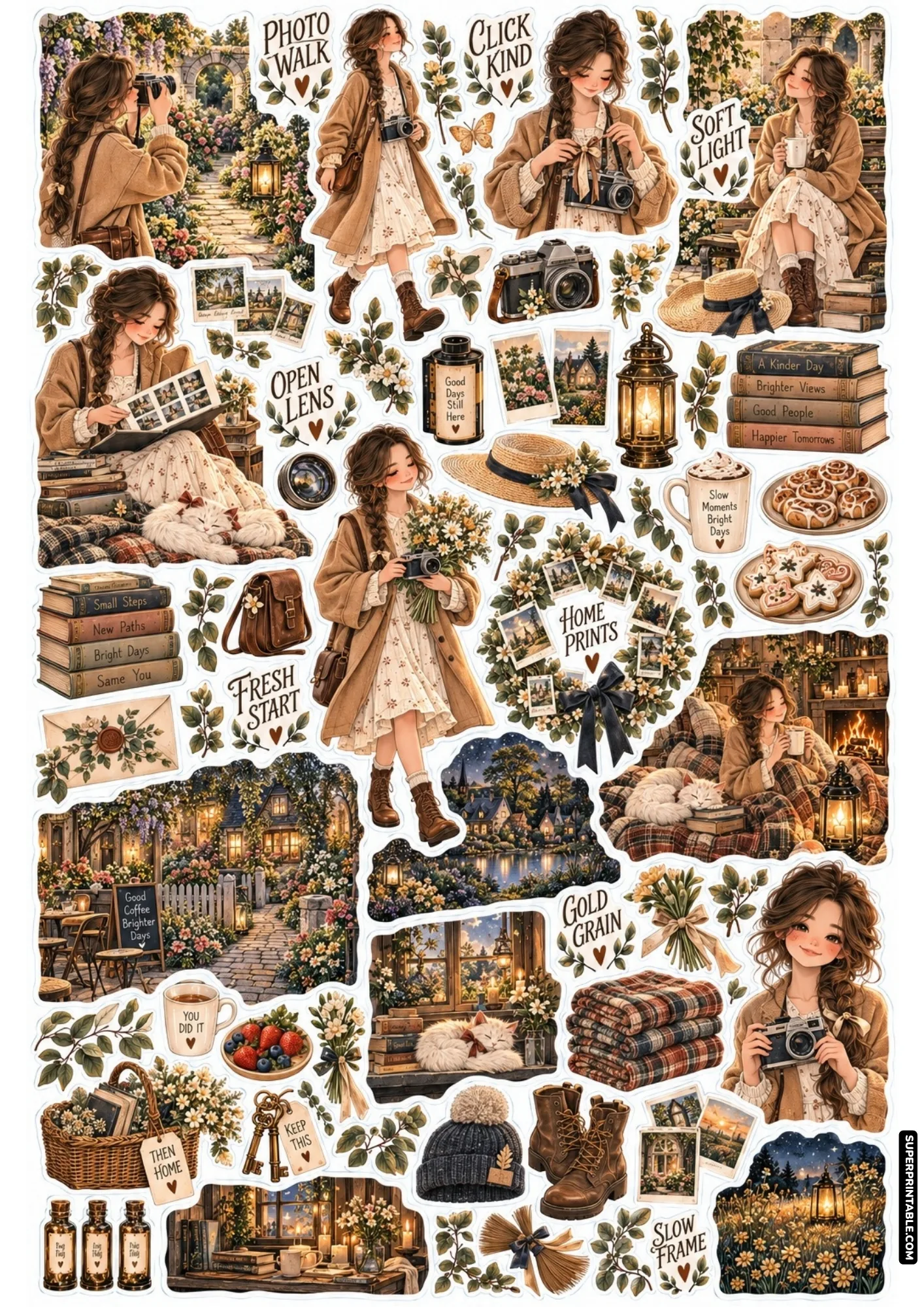 Young female photographer in tan trench coat capturing memories with a vintage camera on sticker sheet.