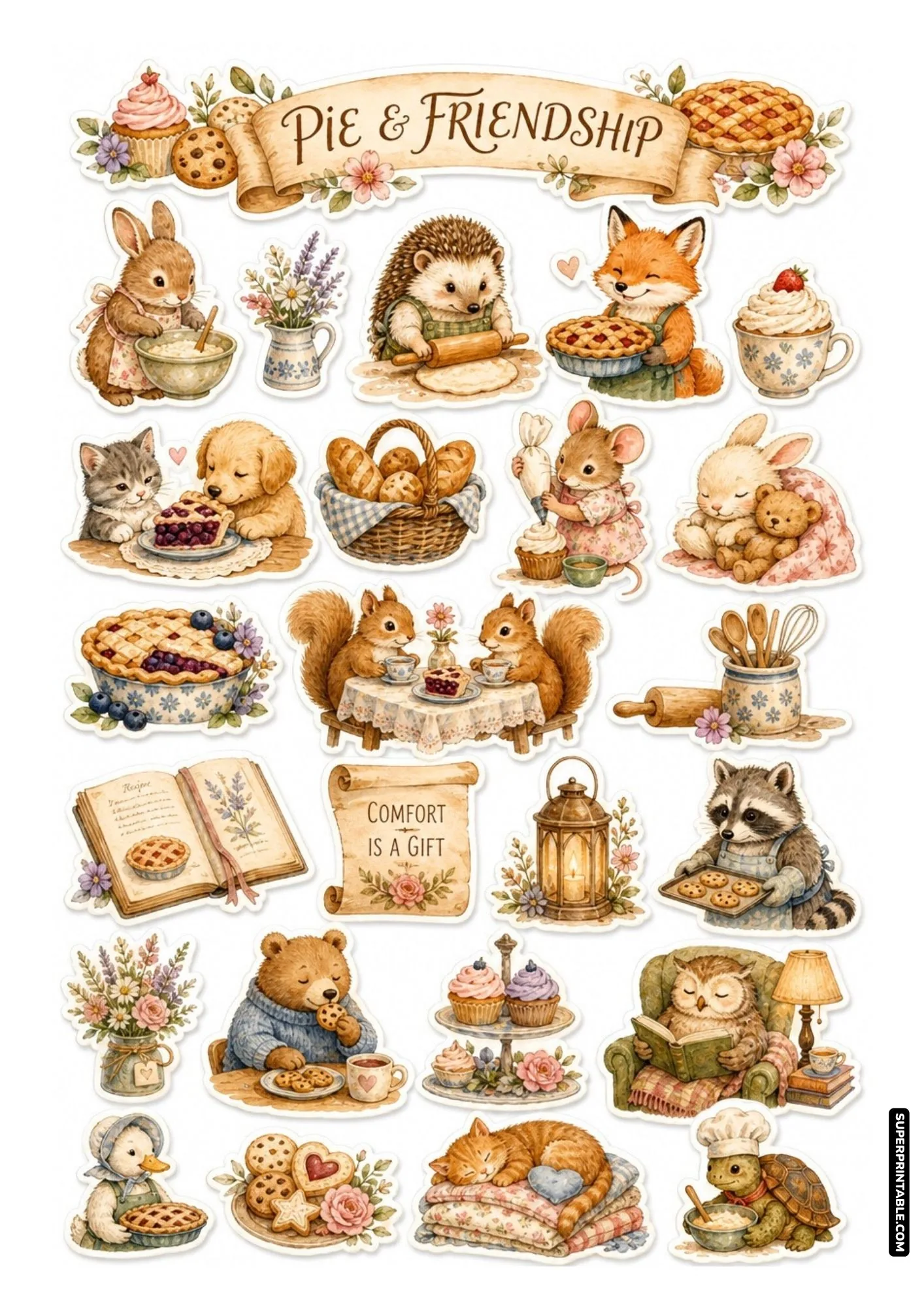 Cute watercolor sticker collection of forest animals sharing berry pies and friendship.