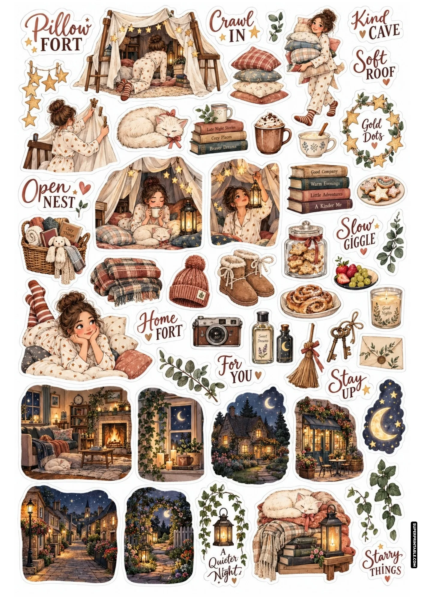 Pillow fort crafts and pajama slumber party graphics on sleepover night sticker sheets.