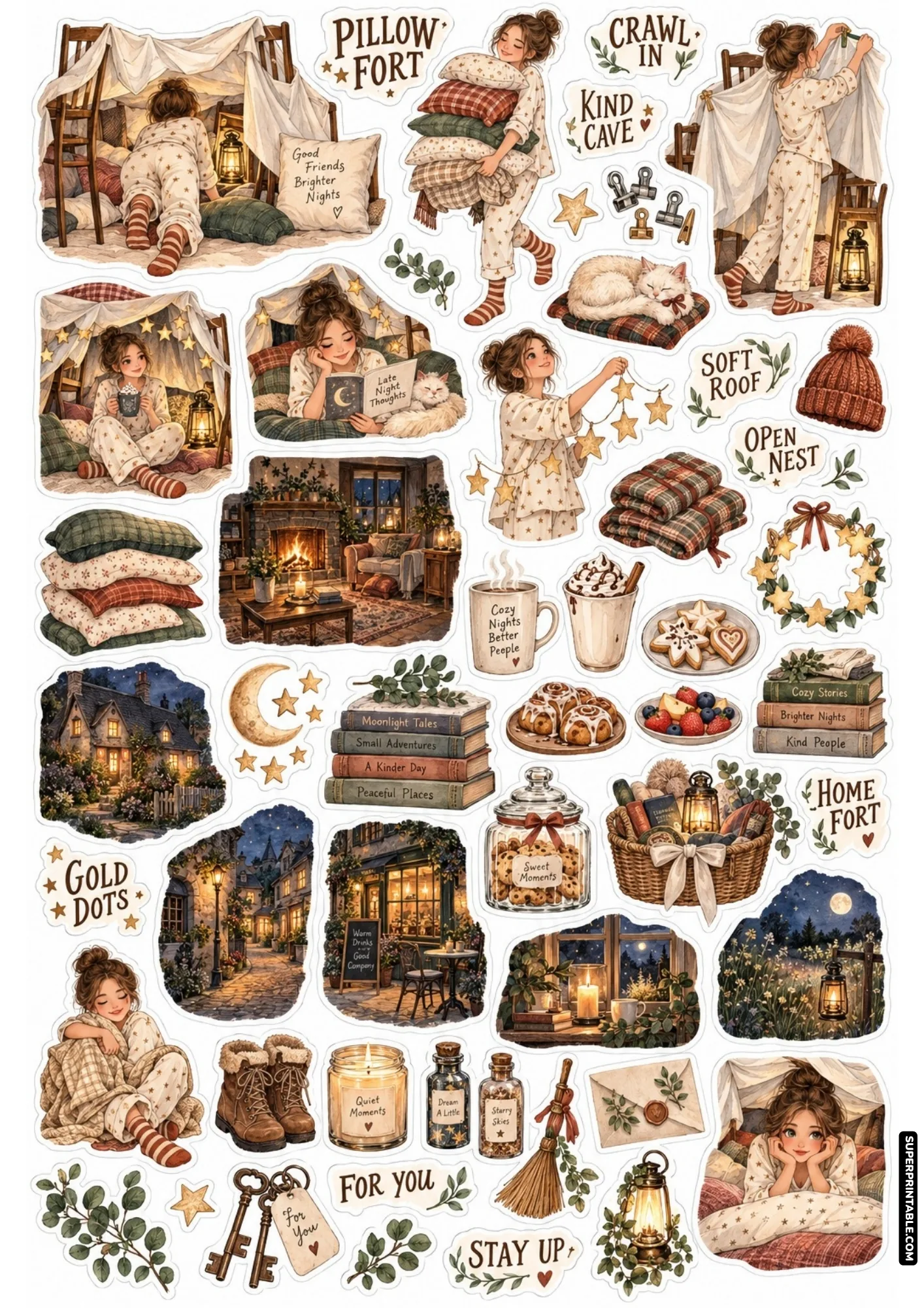 Cozy pillow fort stickers highlighting blanket dens, star garlands, stacks of cushions, and warm fairy lights