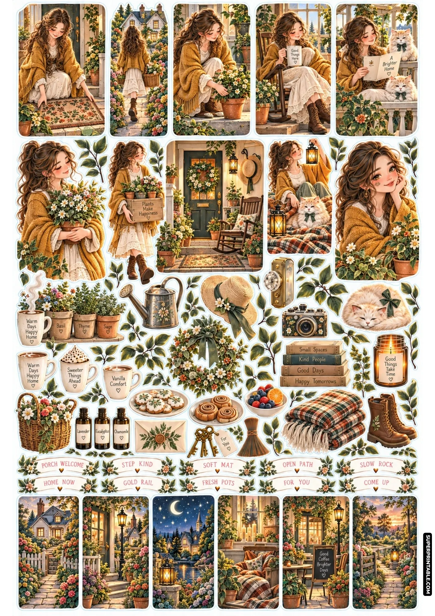 Cottage porch sticker sheet featuring a wooden rocking chair, blooming flower pots, and charming garden doorstep details