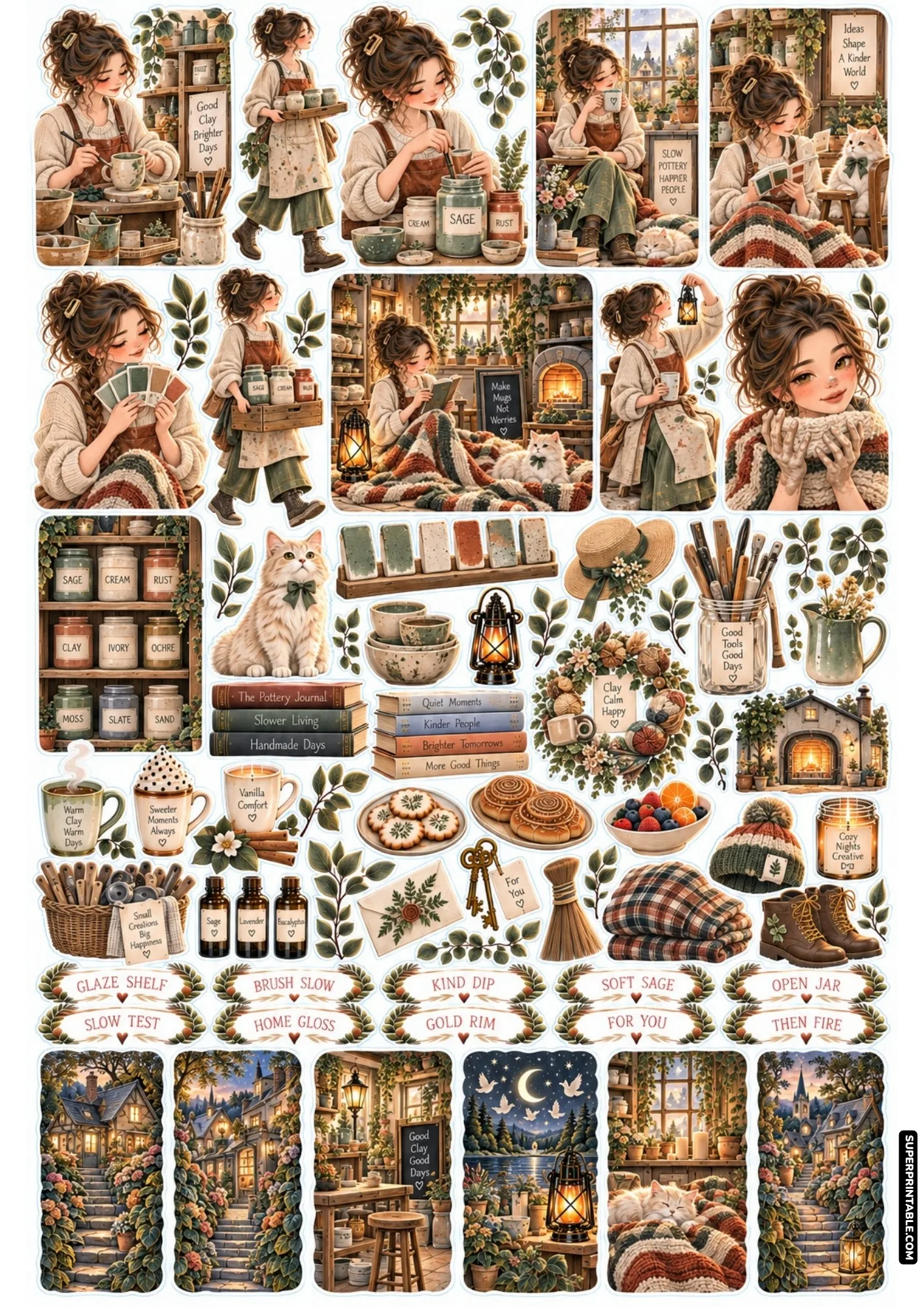 Pottery glaze studio stickers featuring ceramic pigment jars, color test swatches, and artisan glazing routines.