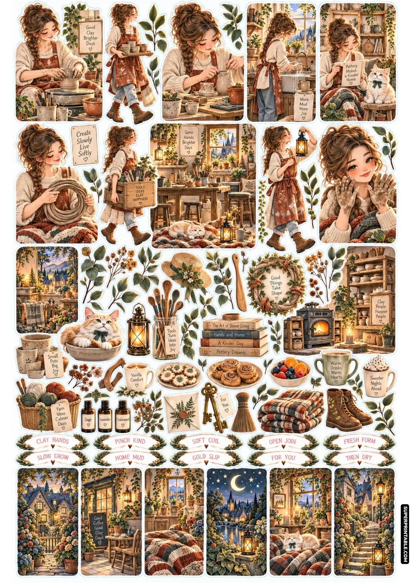 Handcrafted pottery studio scenes, ceramic mugs, sculpting tools, and clay craft stickers.