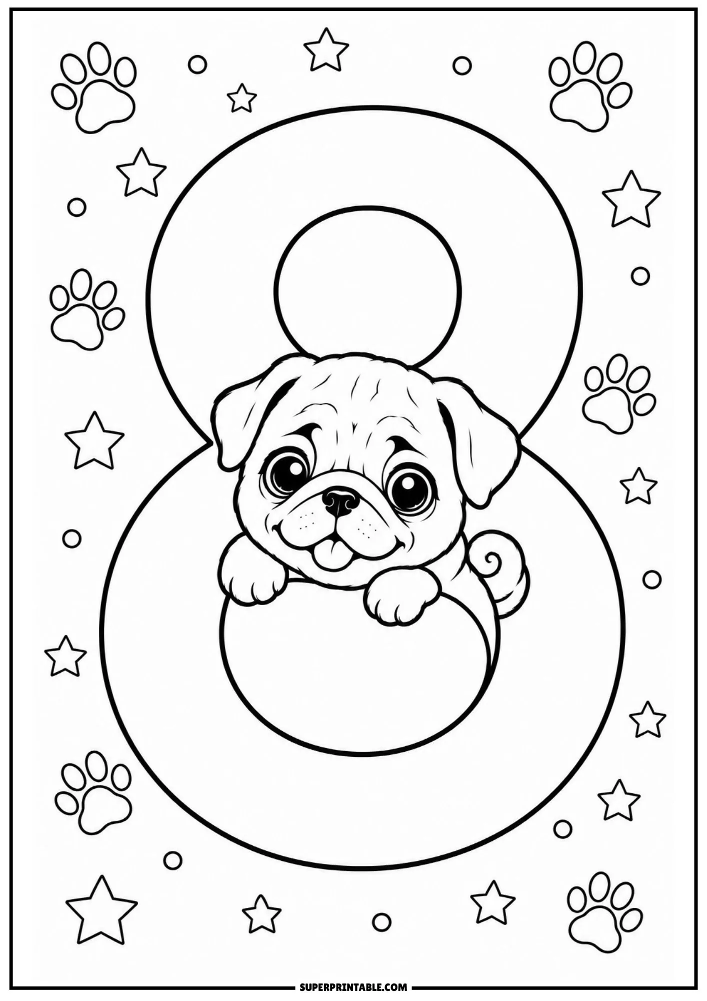 Pug puppy sitting inside the center of a giant number eight with stars and paw prints.