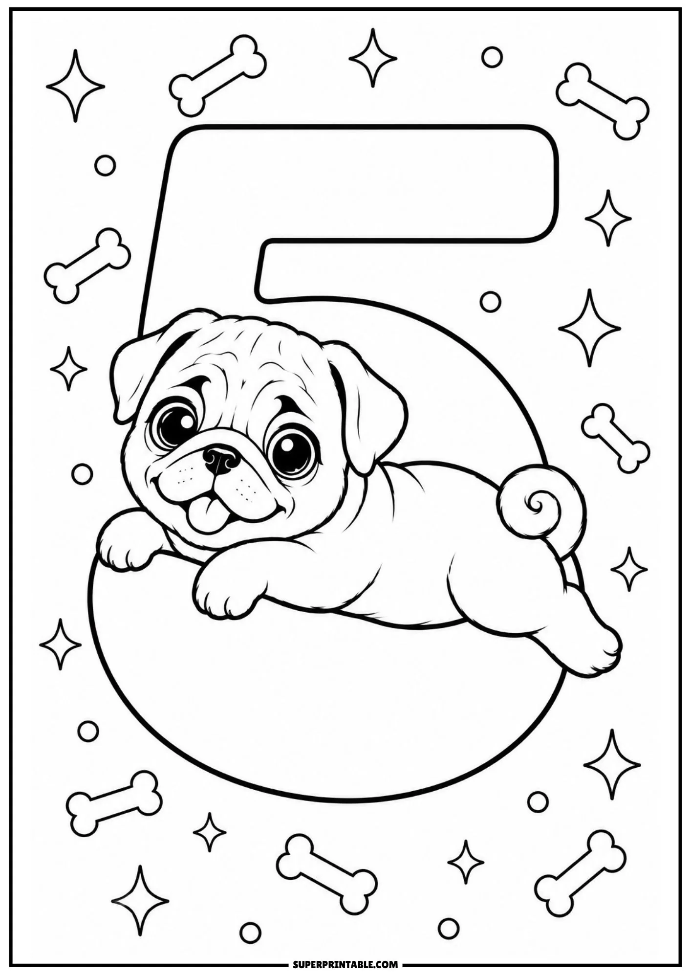 Cute pug puppy relaxing on top of number five surrounded by sparkle stars and bones.