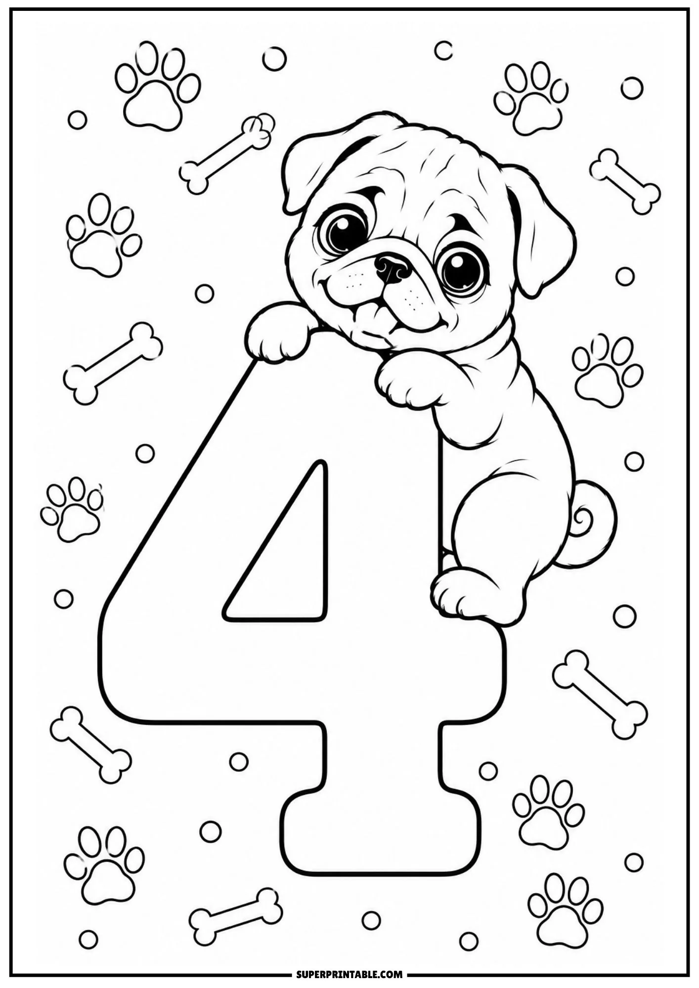 Playful pug puppy climbing up a big number four with scattered bones and paw prints.