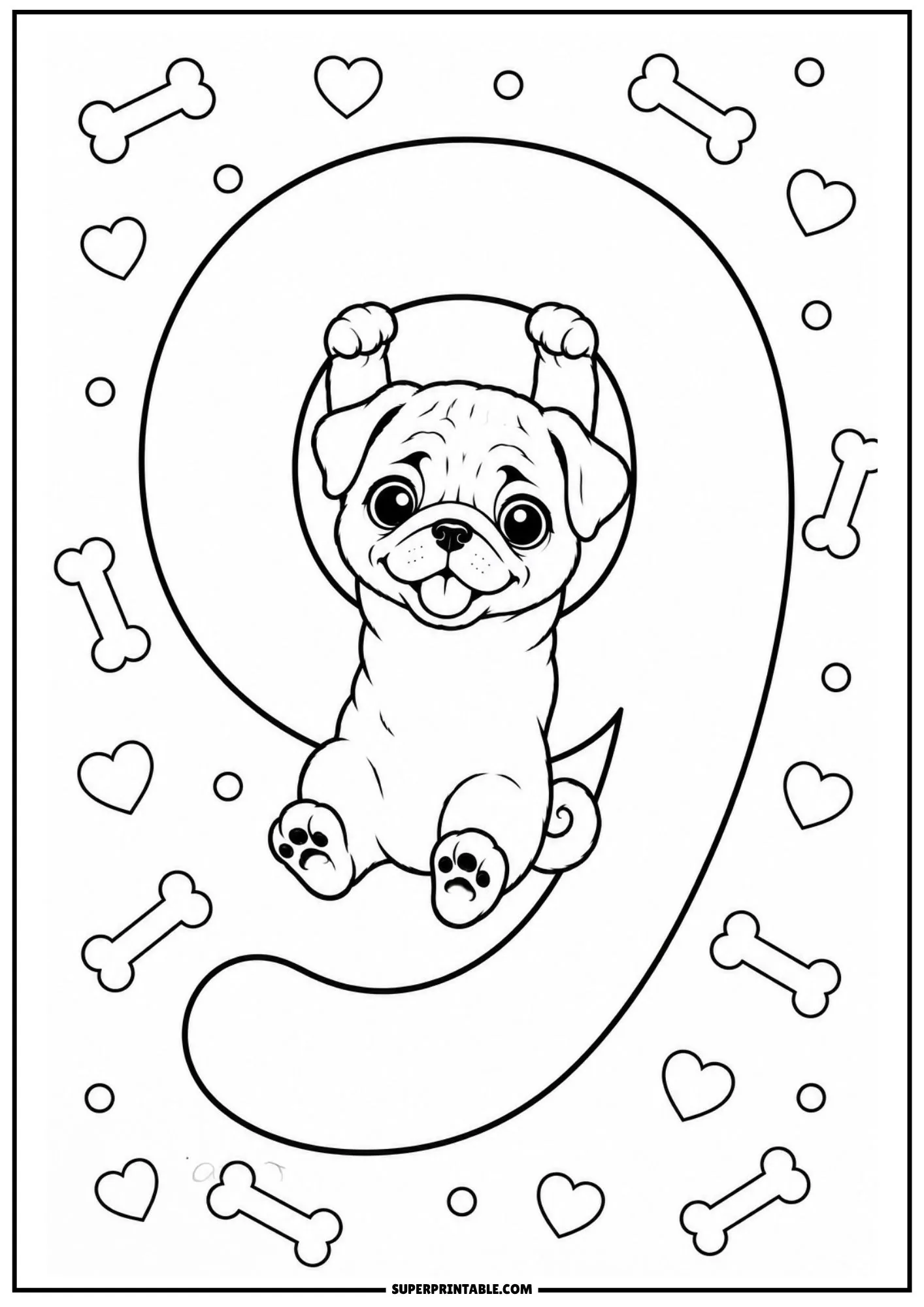 Playful pug puppy hanging from inside a number nine surrounded by heart and bone outlines.