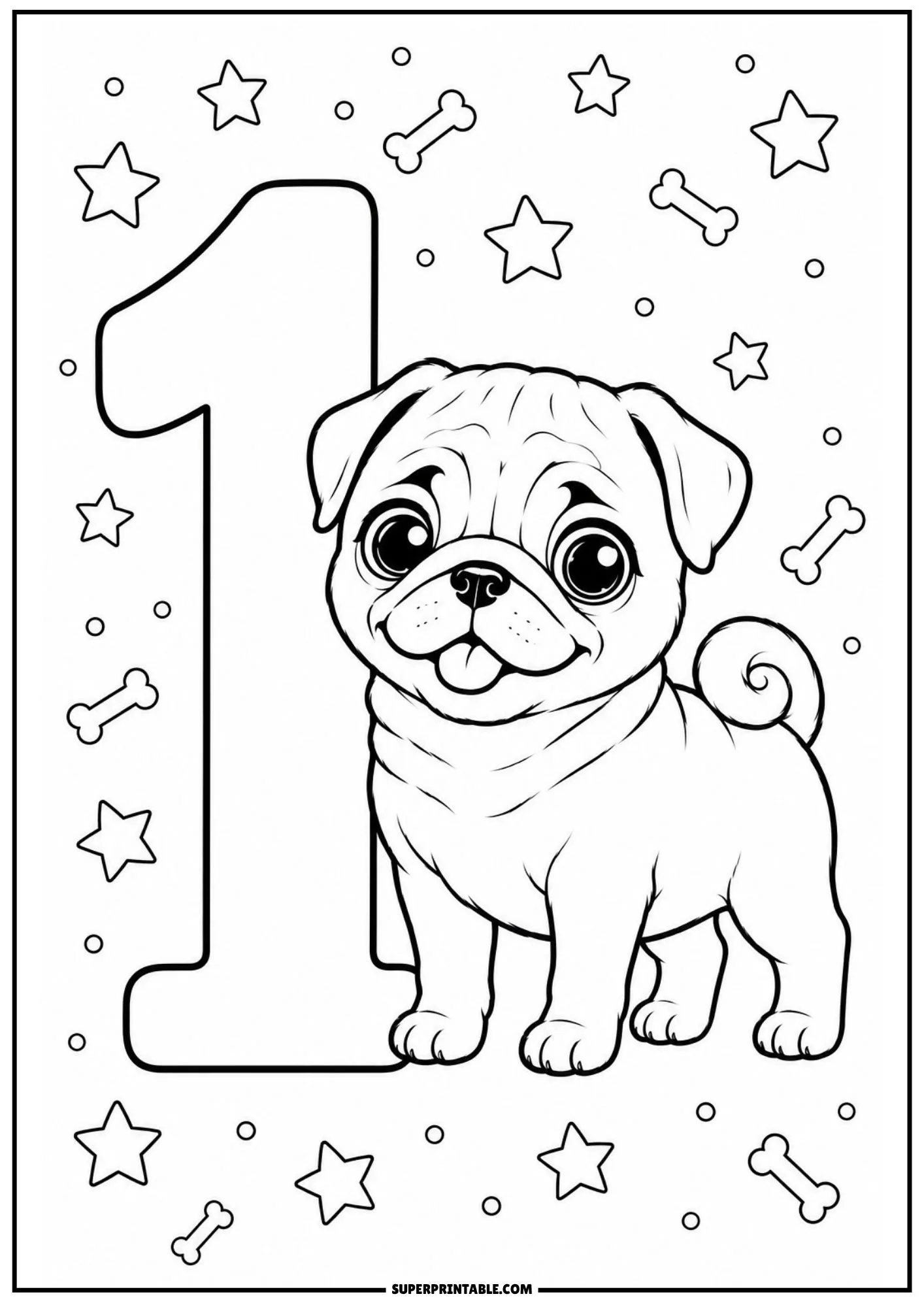 Cute pug puppy standing next to a large number one with stars and bone doodles.