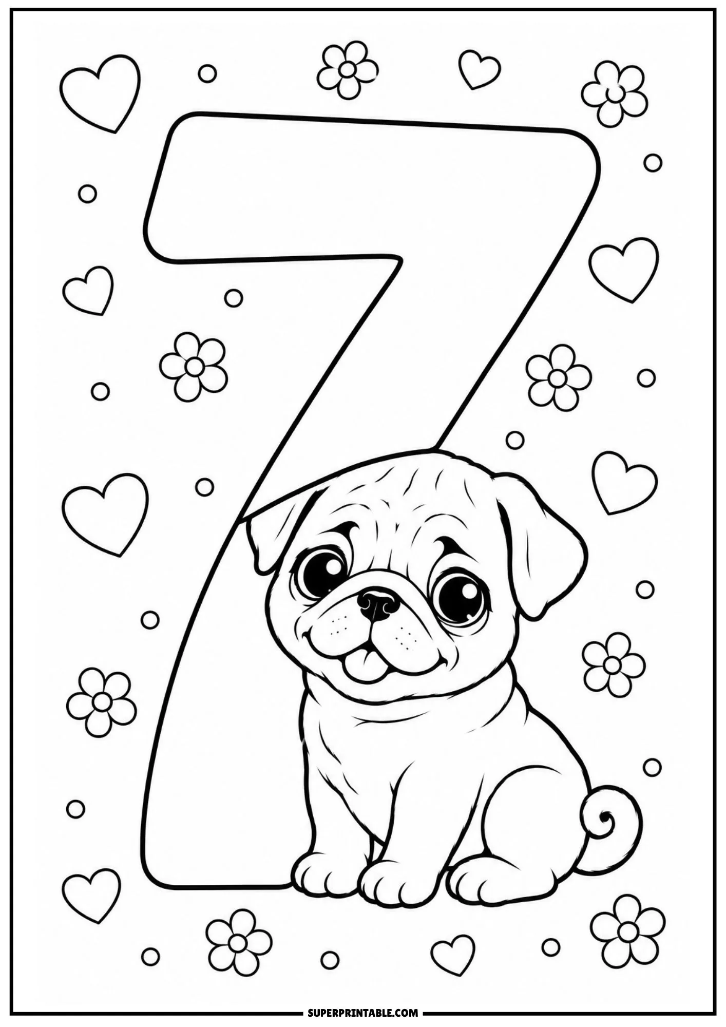 Smiling pug puppy sitting next to a large number seven surrounded by cute heart line art.