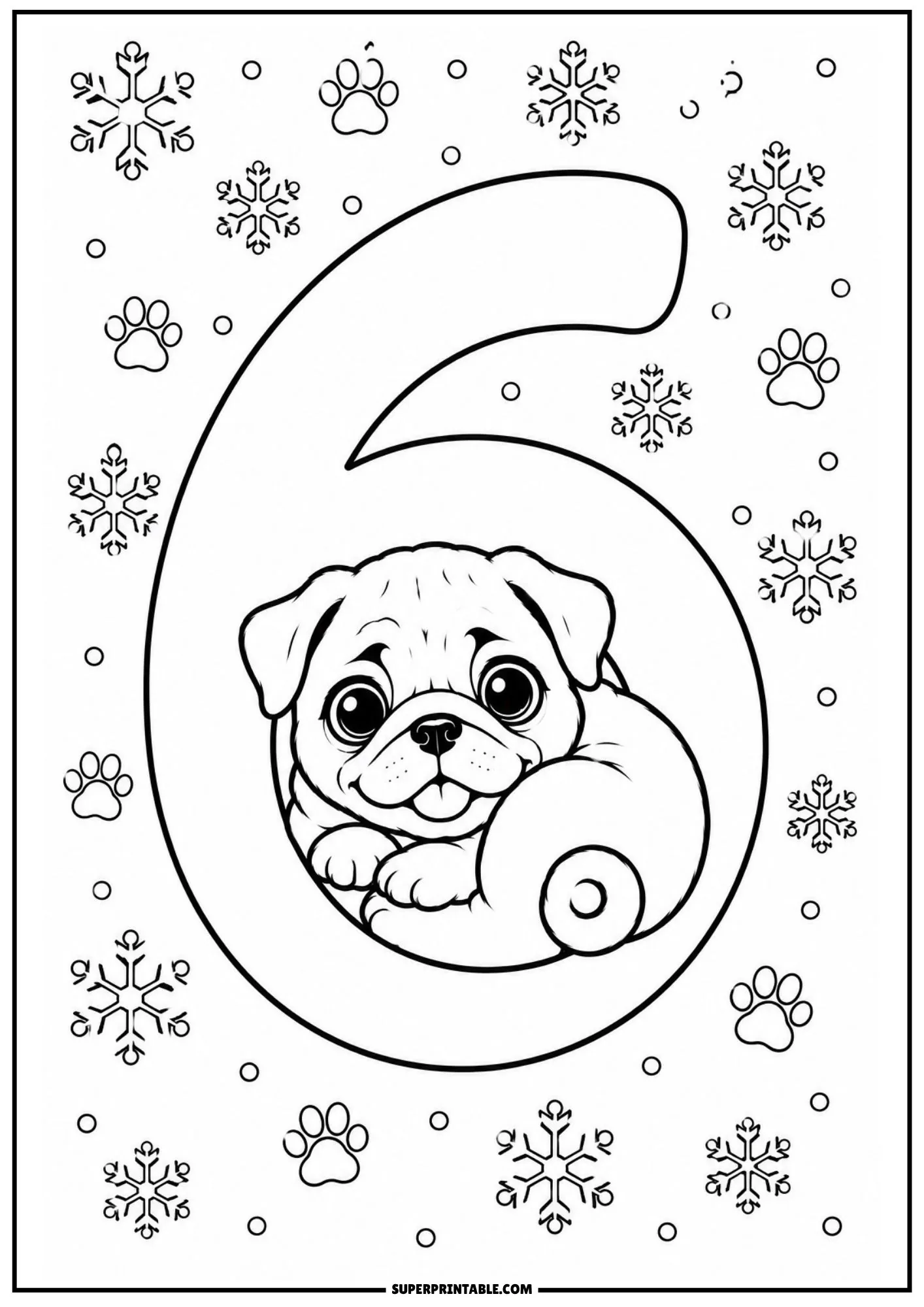 Charming pug puppy sitting inside the loop of number six with snowflake and paw print patterns.
