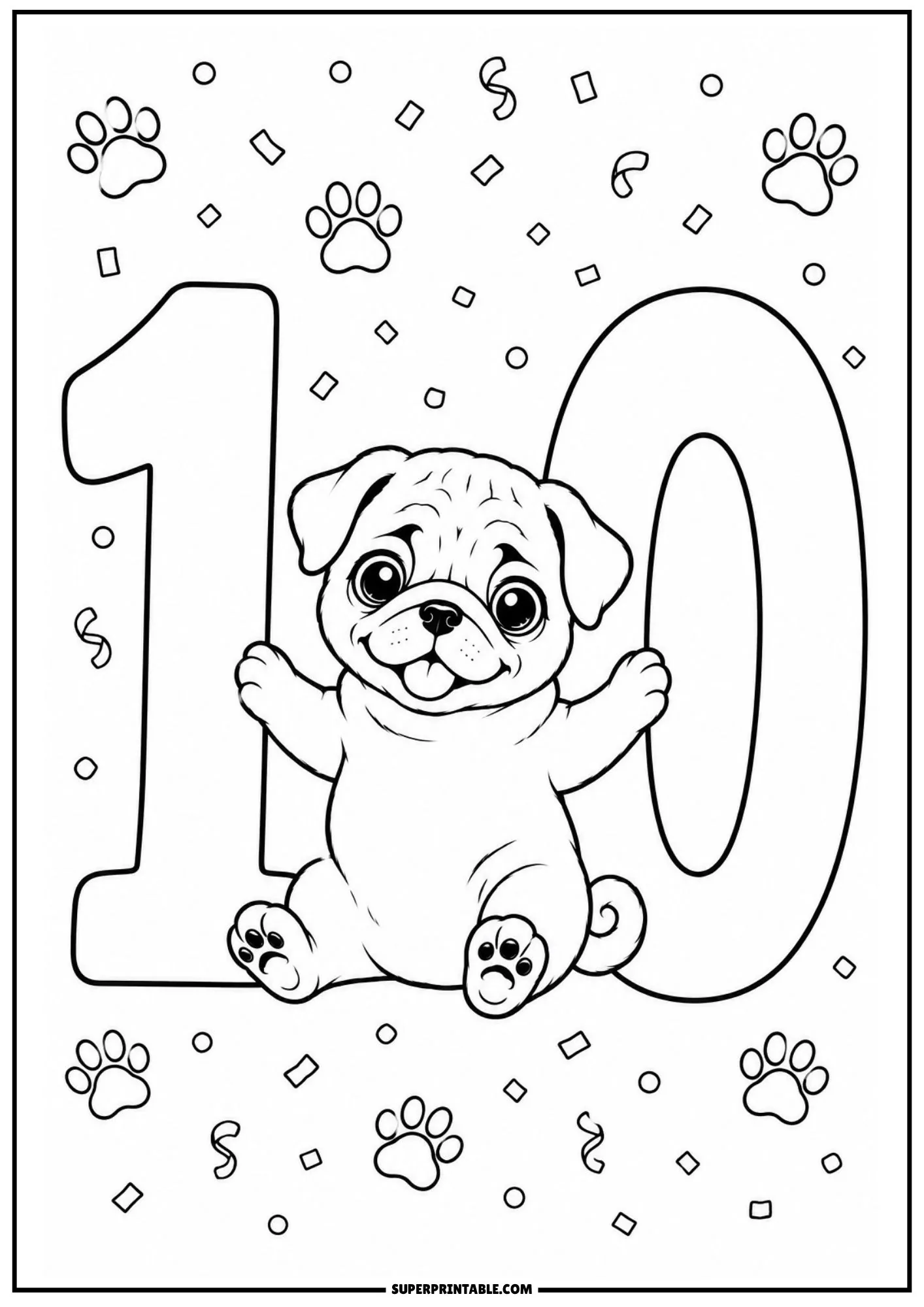 Fun pug numbers coloring pages featuring a puppy celebrating between digits of number ten.