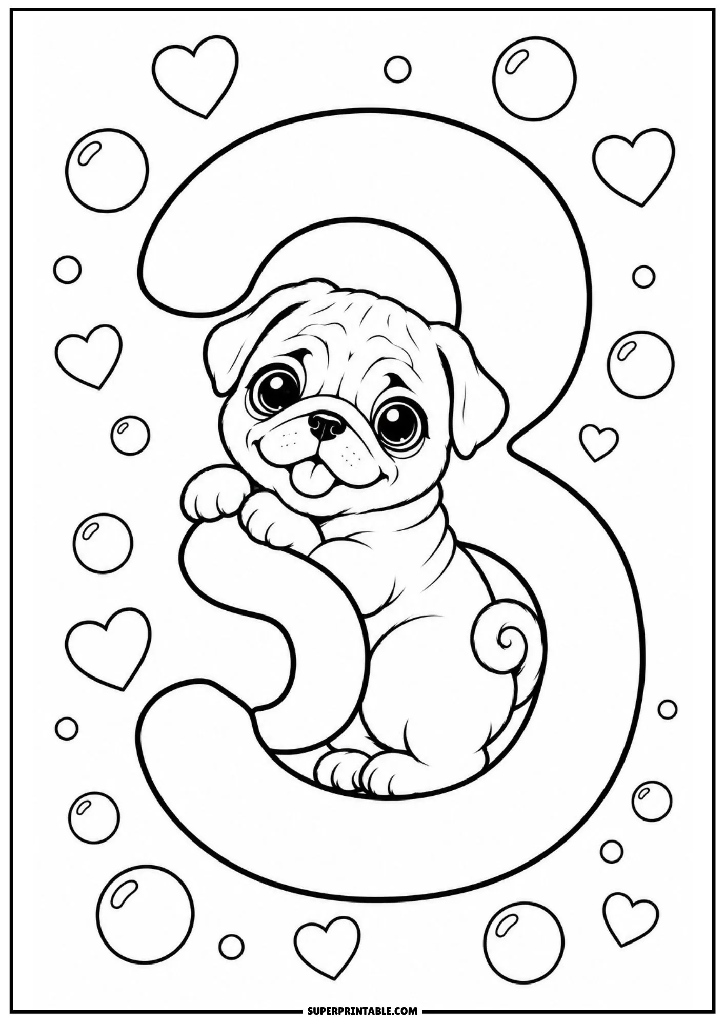 Adorable pug puppy cuddling inside number three with floating heart and bubble outlines.