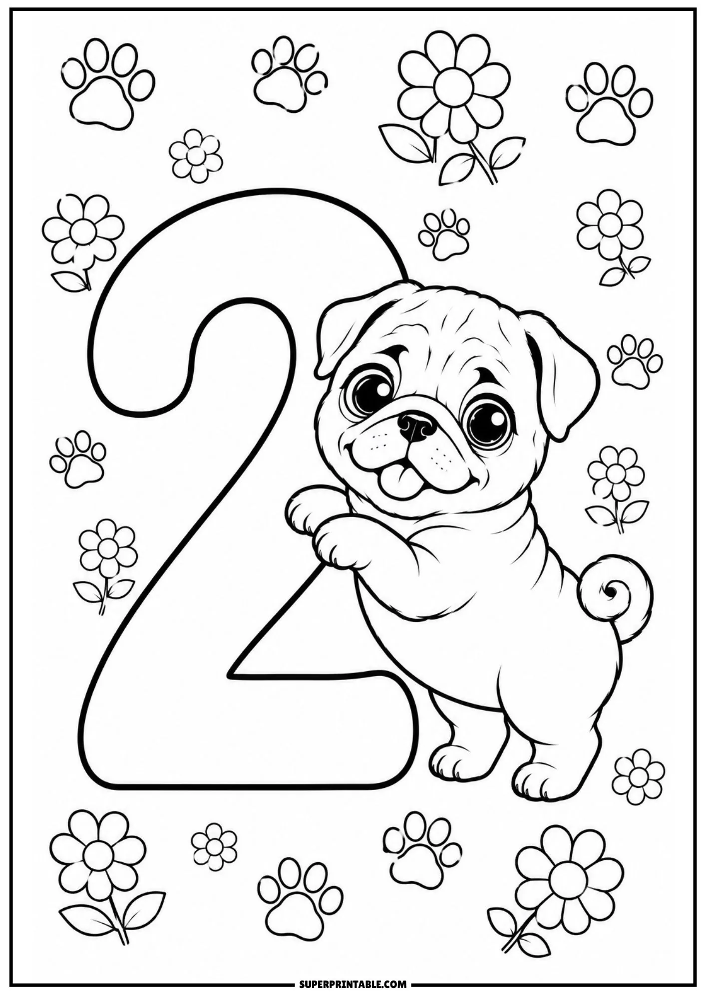 Smiling pug puppy leaning against number two with surrounding daisy flowers and paw prints.