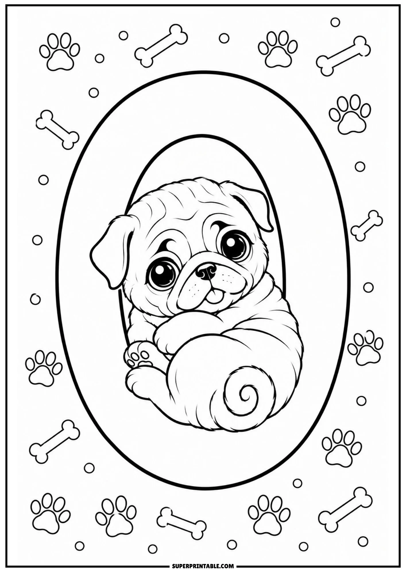 Printable pug numbers coloring pages featuring a cute puppy inside number zero.