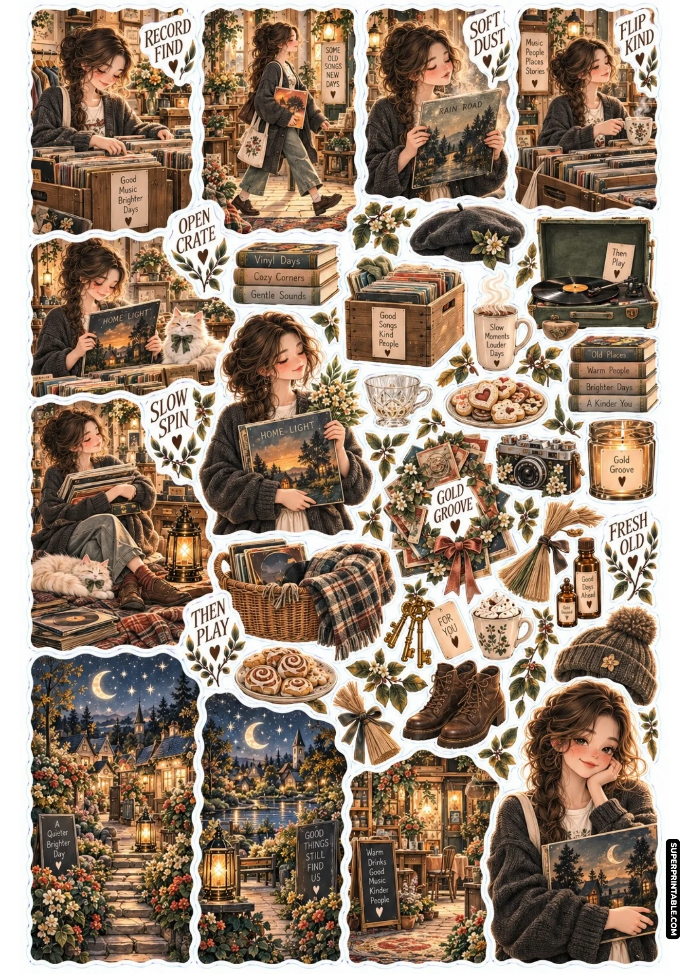Retro vinyl record store aesthetic sticker sheet with album crates and cozy coffee shop