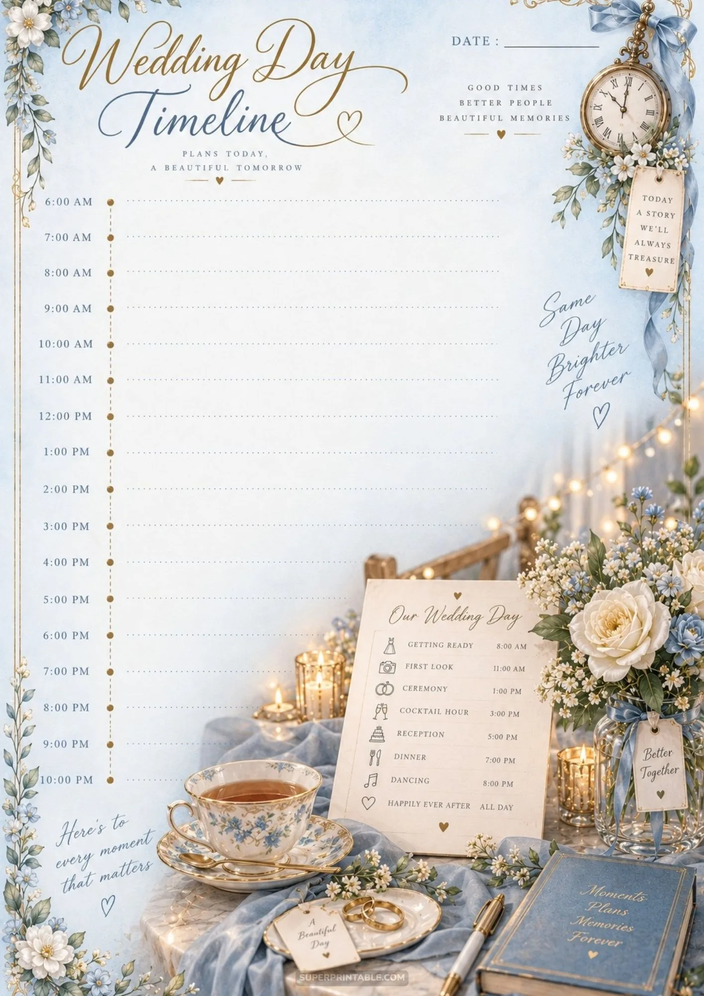 Wedding itinerary card layout with event icons and elegant floral decorations.