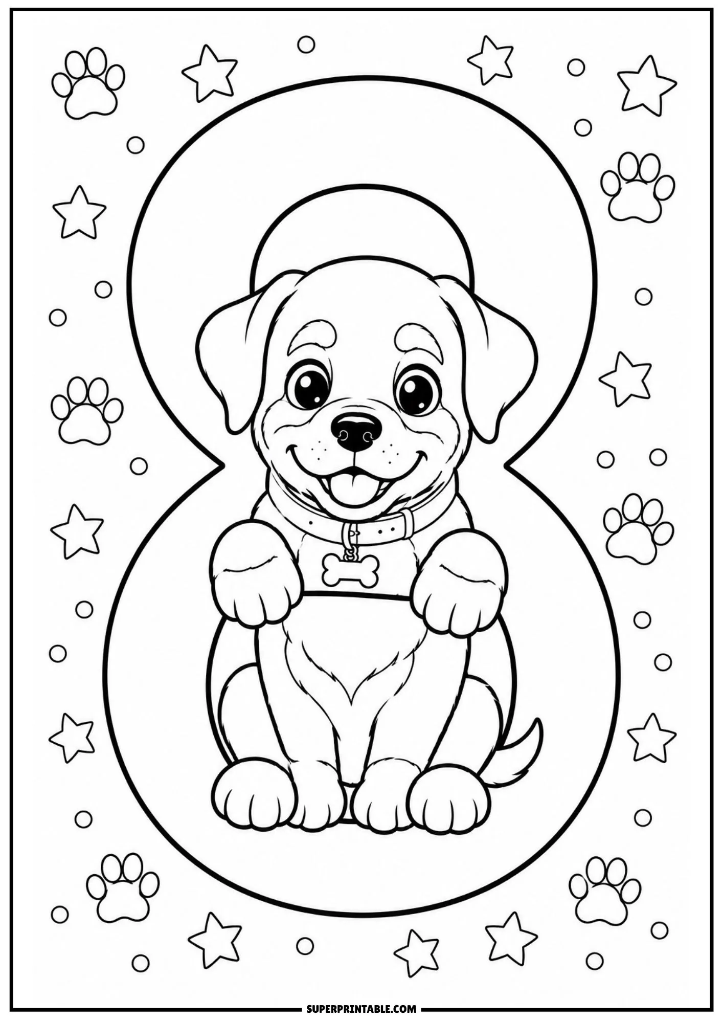 Happy Rottweiler puppy sitting inside a giant number eight line drawing with stars and paws.