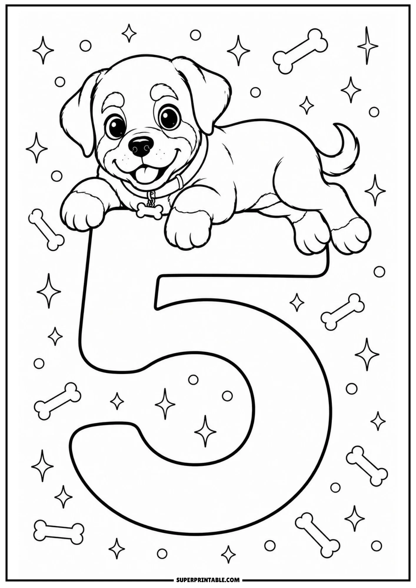 Cartoon Rottweiler puppy resting across the top of a big number five line art illustration.