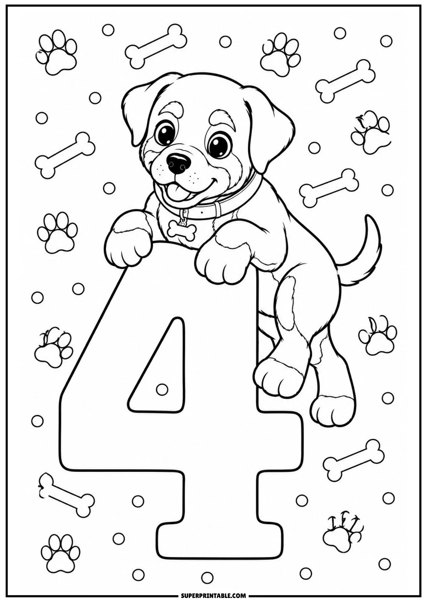 Playful Rottweiler puppy climbing on a giant number four coloring sheet with bones and paws.