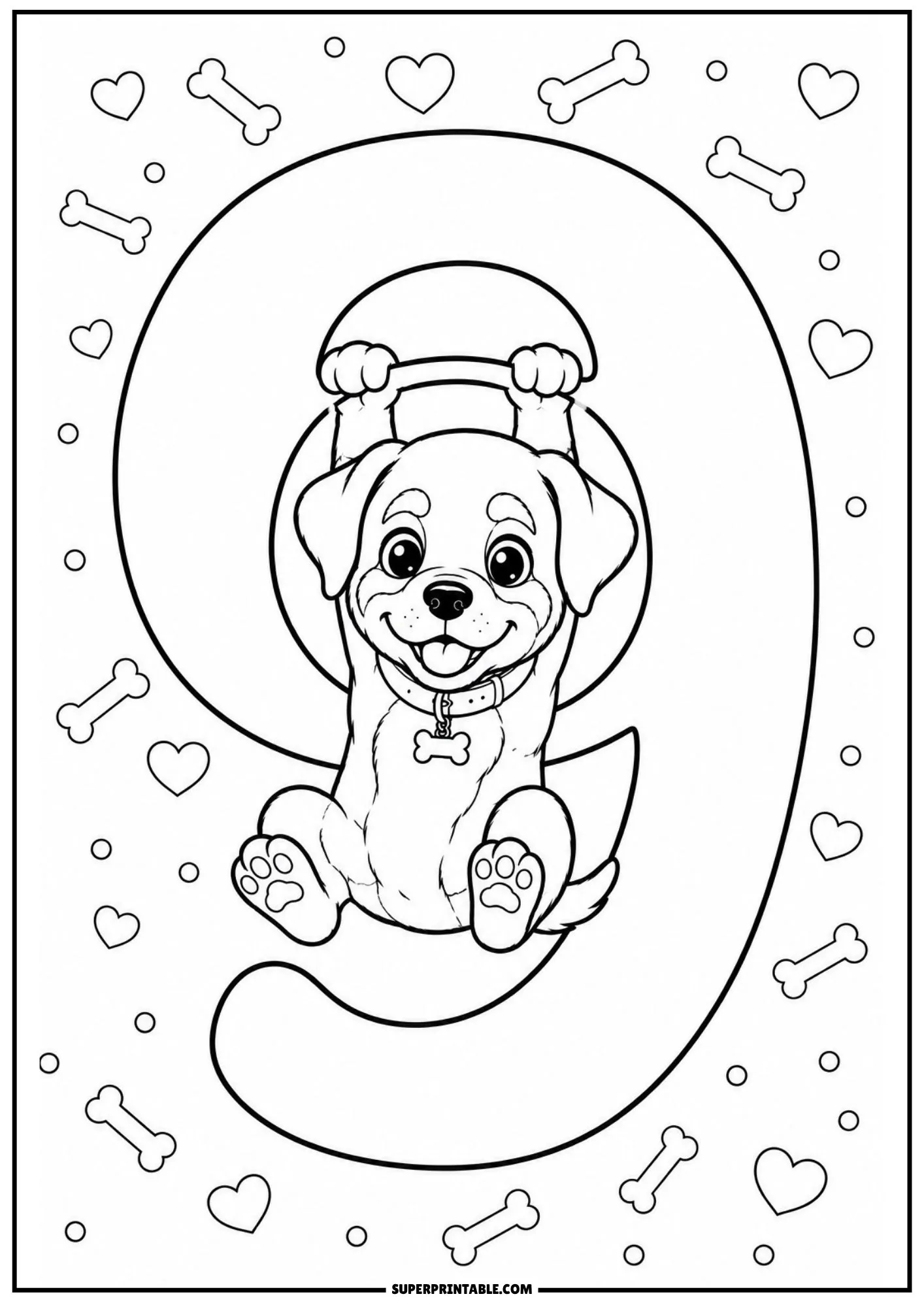 Playful Rottweiler puppy hanging from the top loop of a large number nine coloring page.