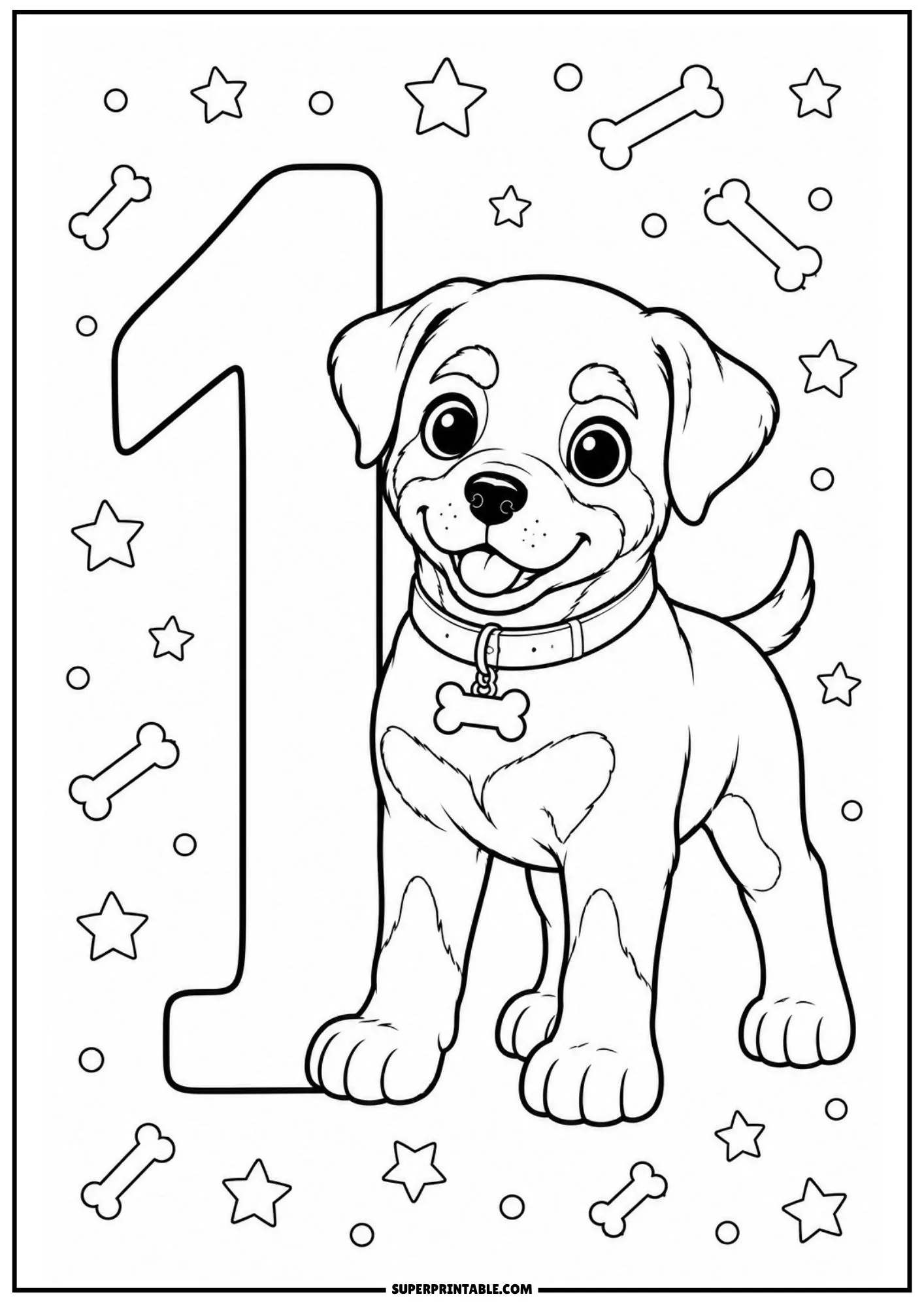 Printable rottweiler puppy numbers coloring pages with a standing pup next to a giant number one.