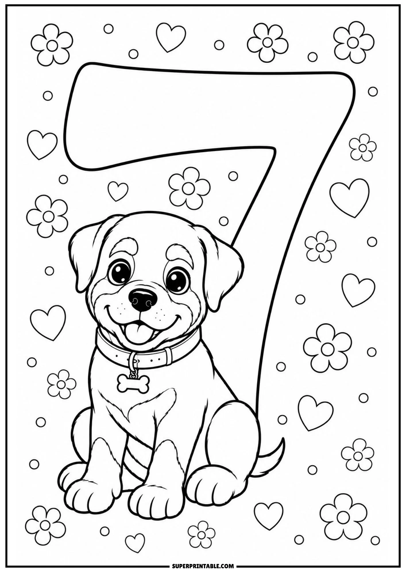 Friendly Rottweiler puppy sitting in front of a large numeral seven with flower patterns.