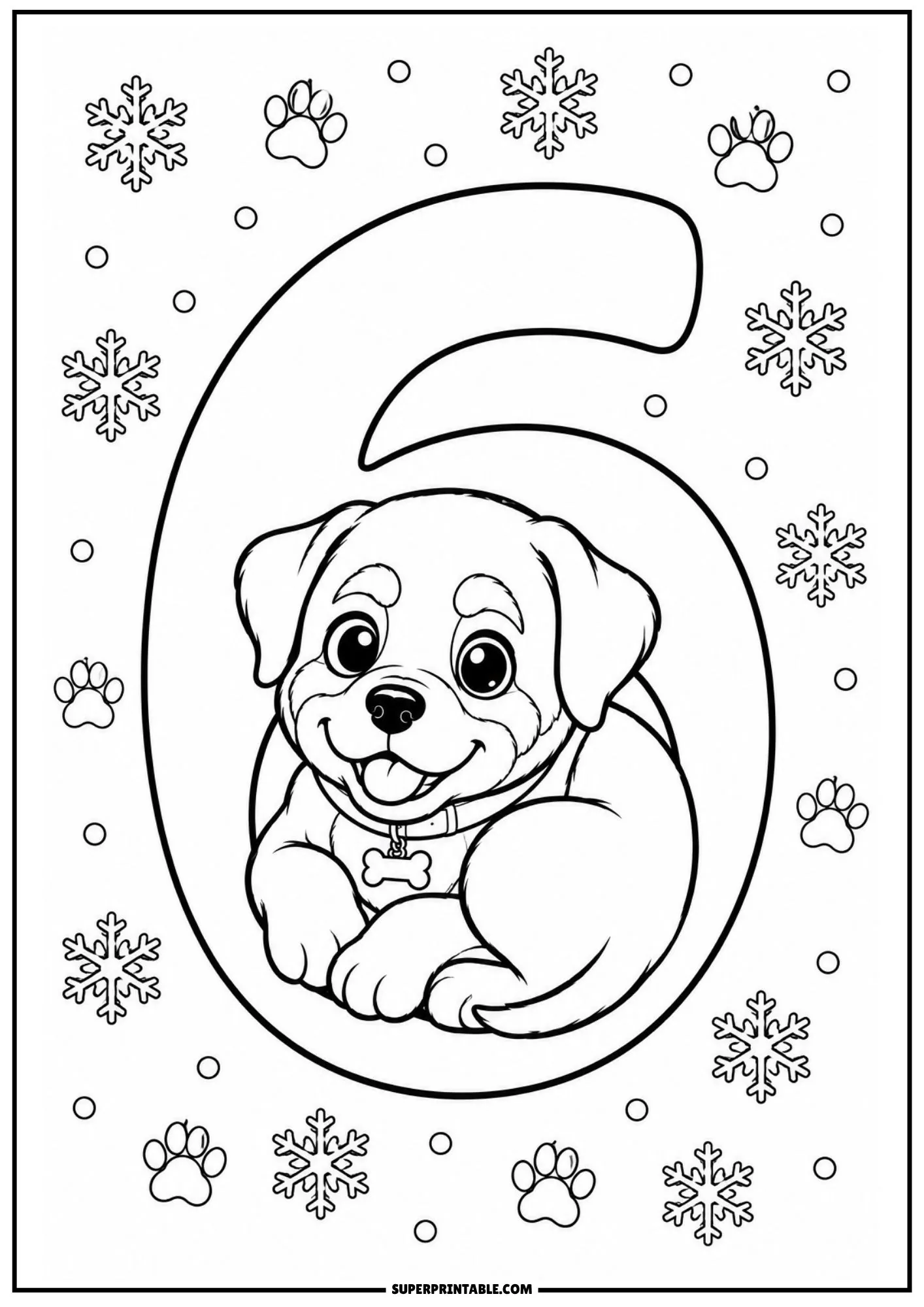 Adorable Rottweiler puppy sitting inside the loop of number six with snowflakes and paw prints.